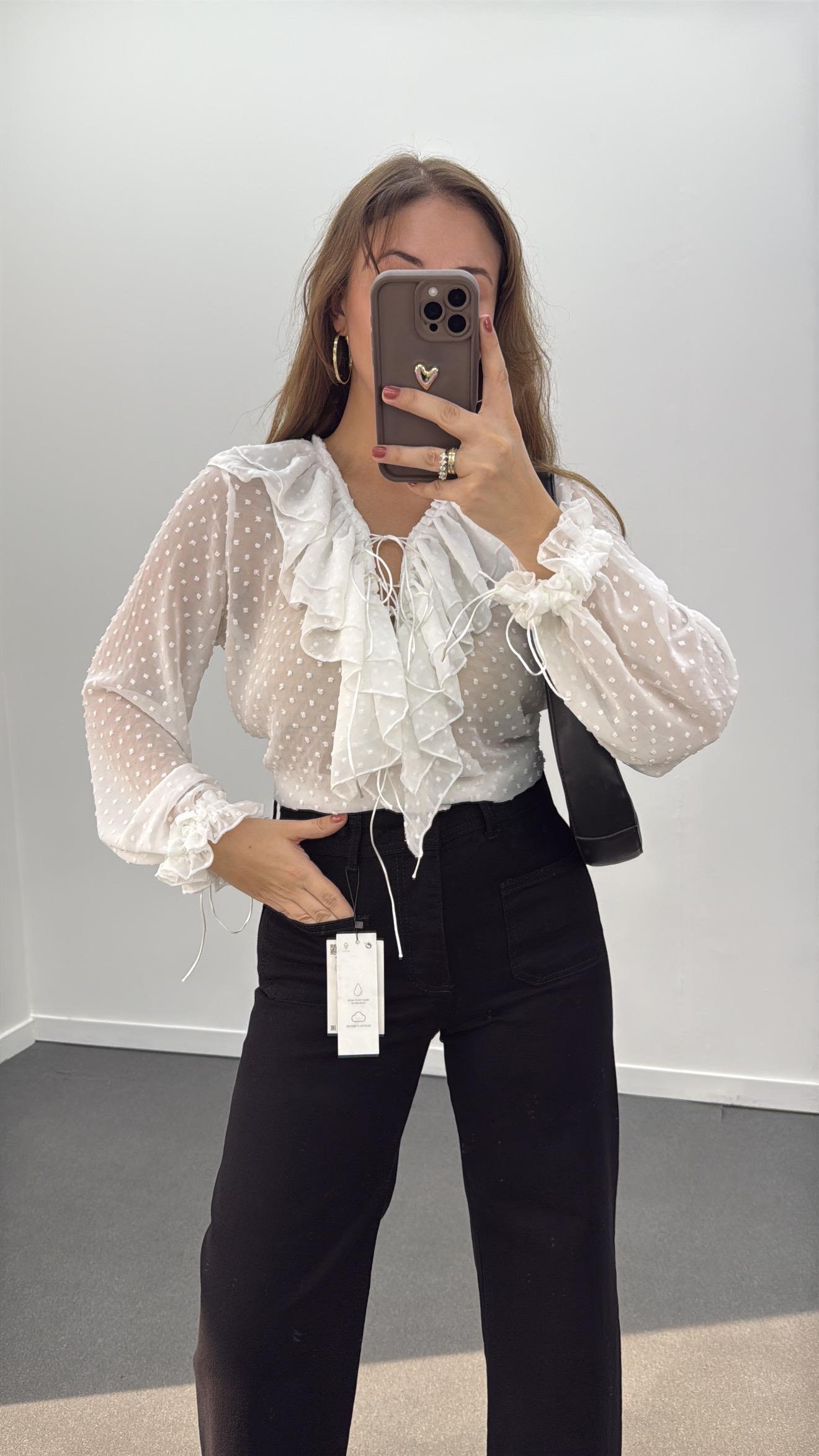 Mihver Beyaz Puantiyeli Romantik Bluz