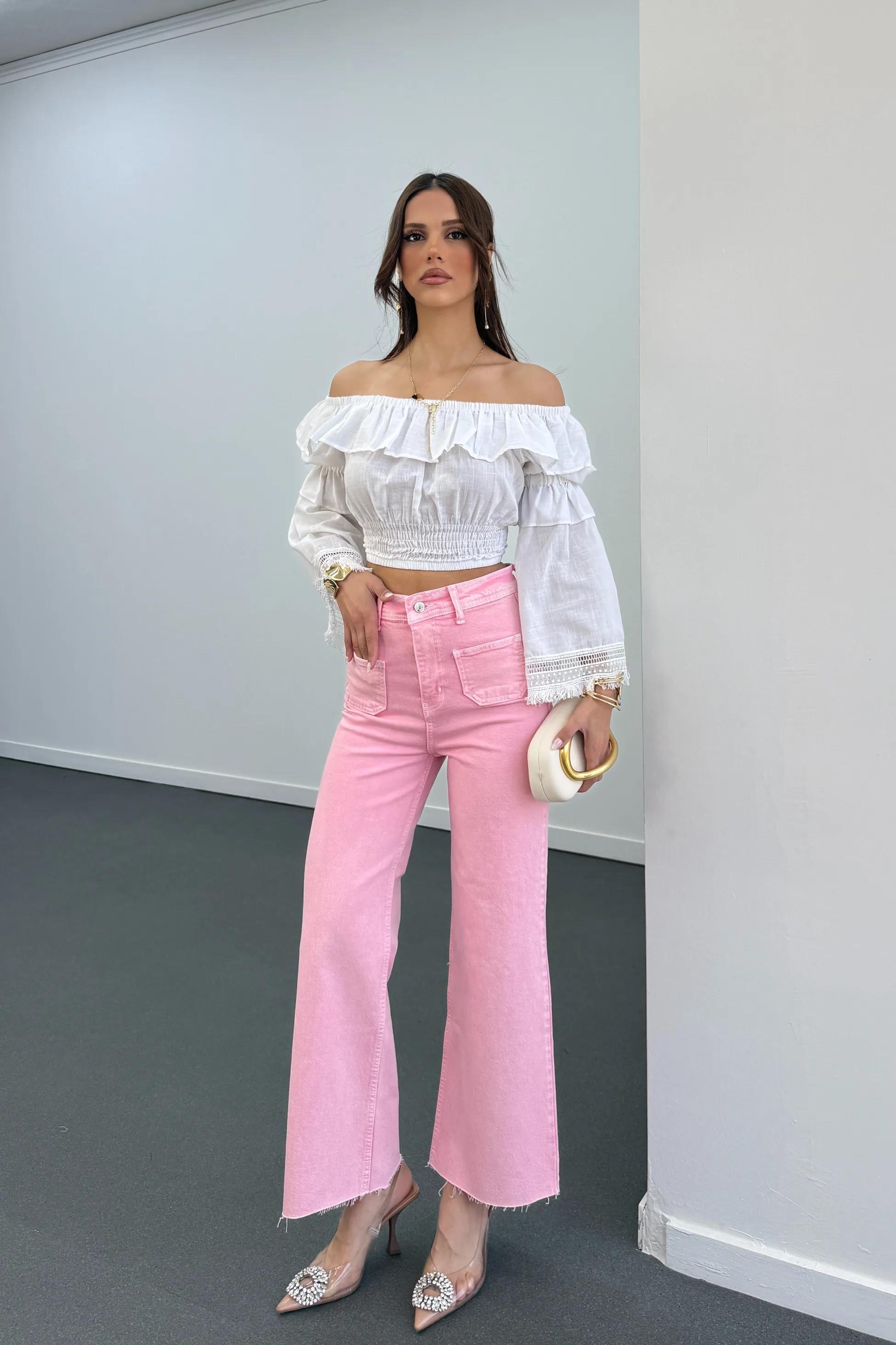 Milano Açık Pembe Cepli Yarım Flare Jeans