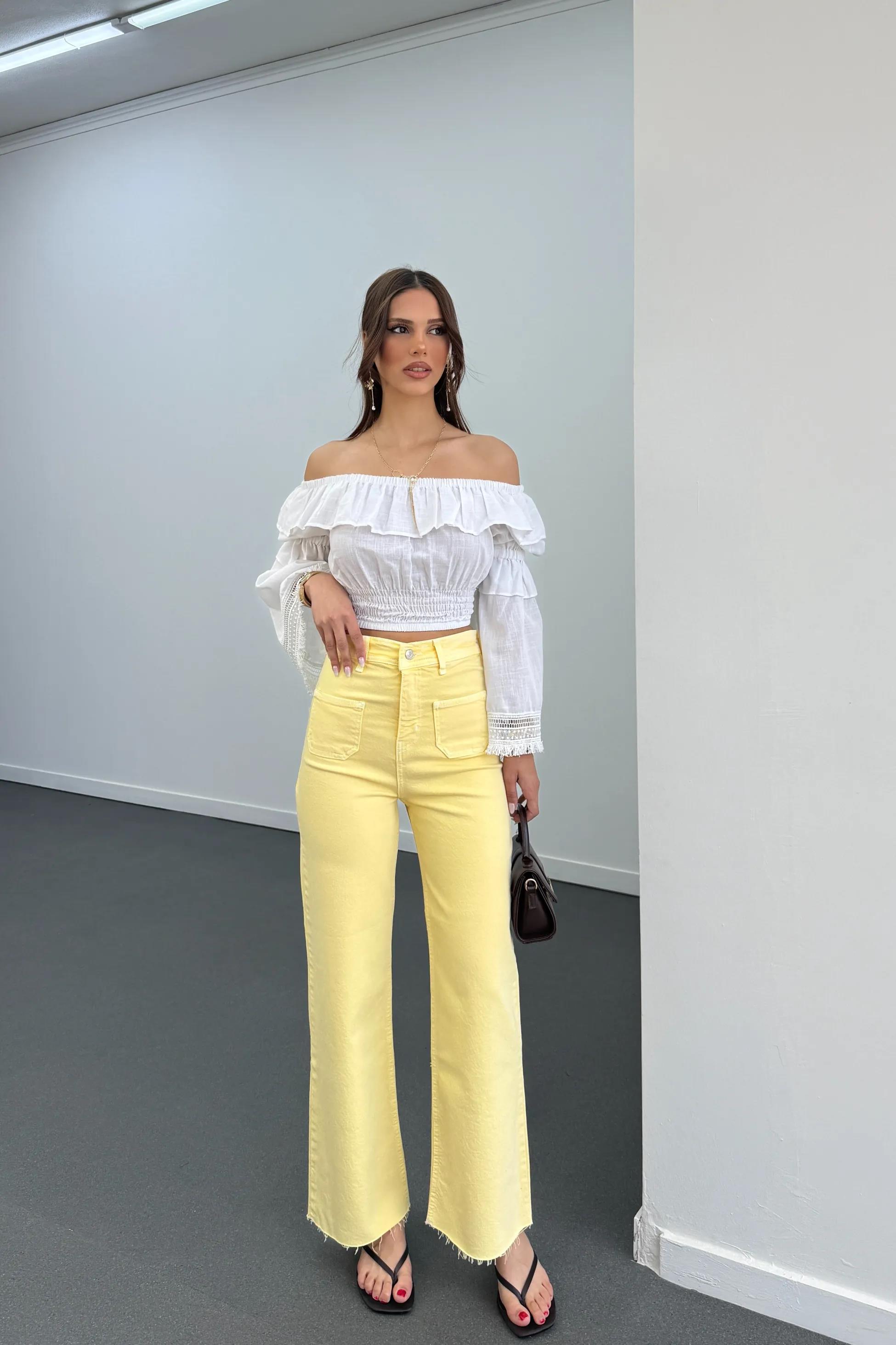 Milano Açık Sarı Cepli Yarım Flare Jeans
