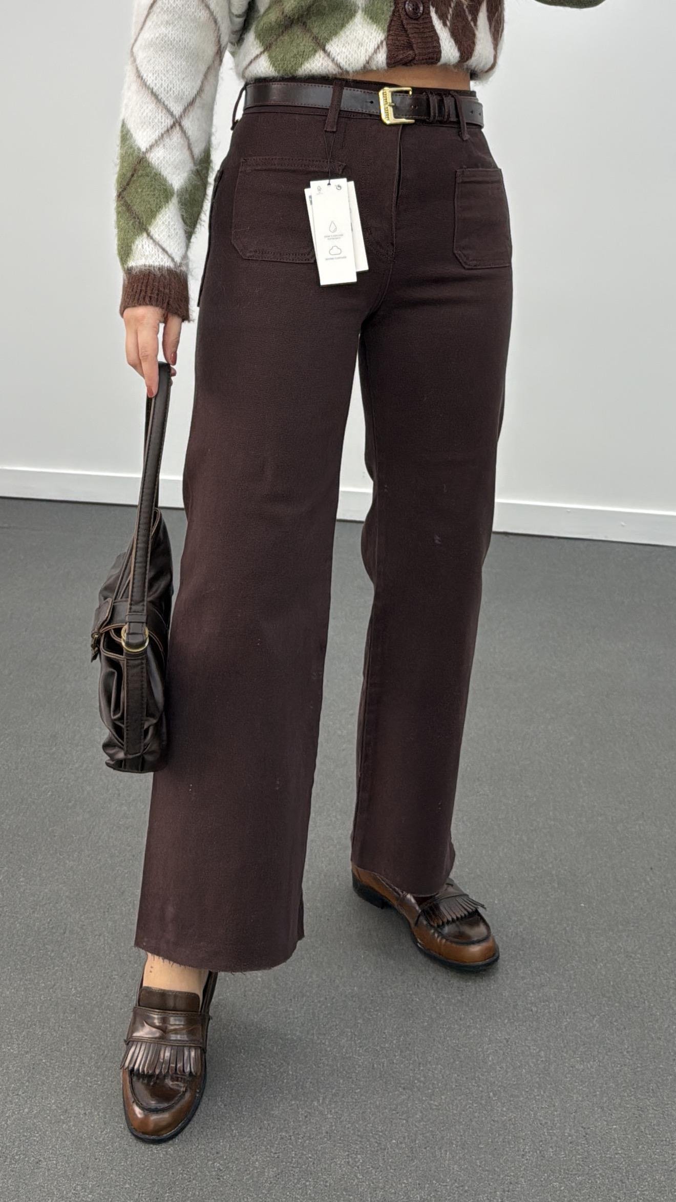 Milano Kahve Cepli Yarım Flare Jeans