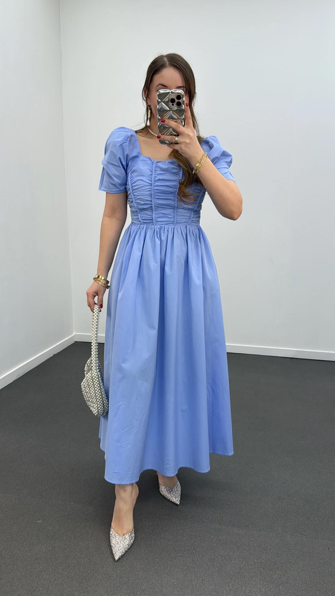 Milas Mavi Gipeli Balon Kol Midi Elbise