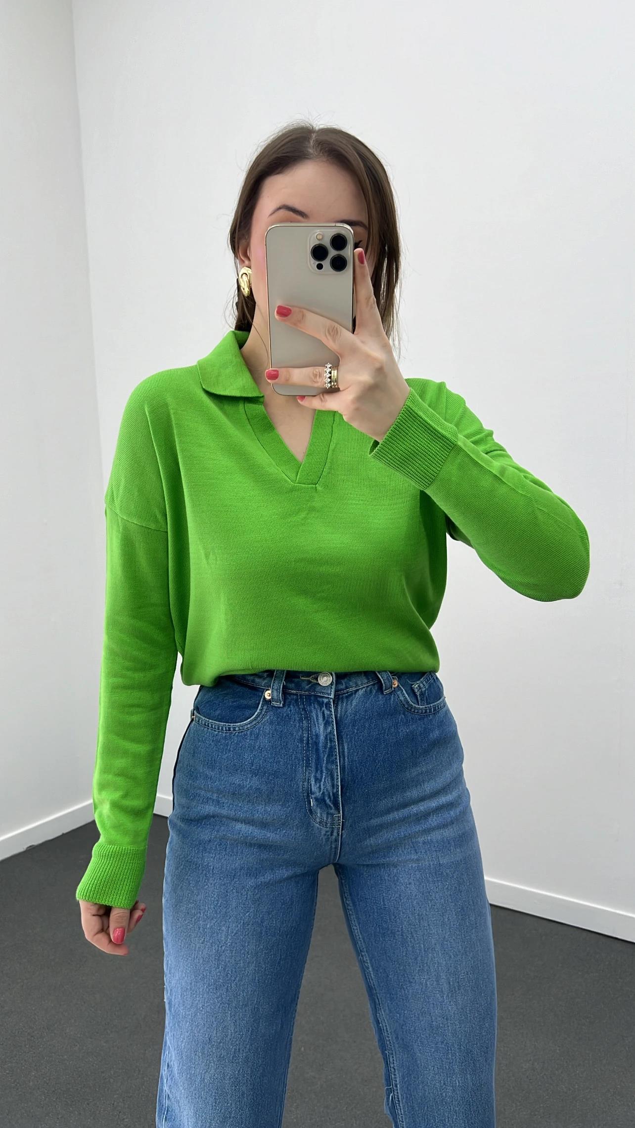 Minerva Yeşil Renk Polo Yaka Triko