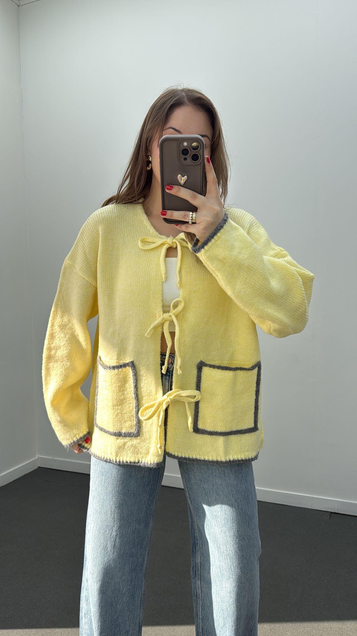 Miranda Sarı Gri Cepli Bağlamalı Triko