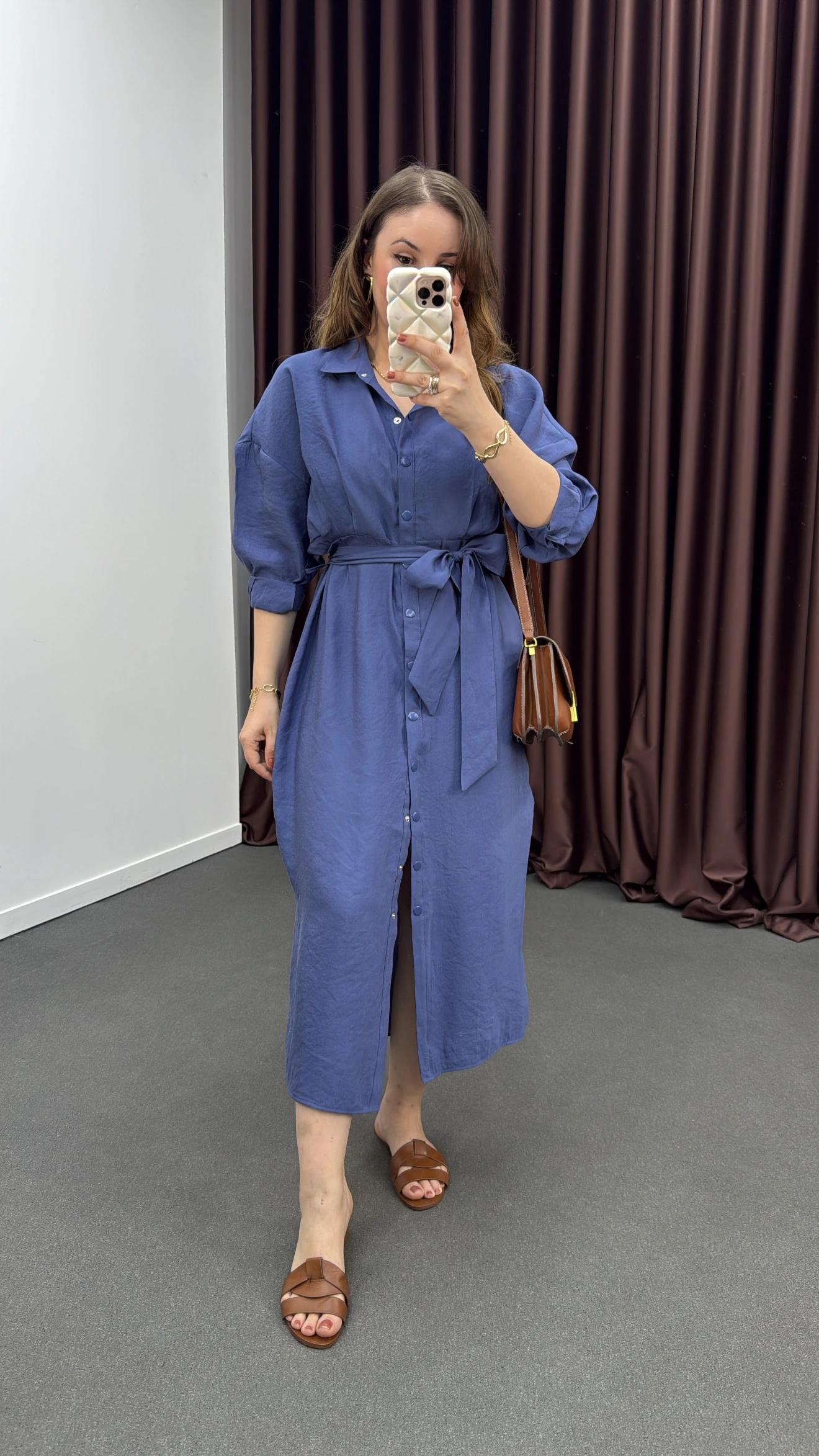 Mişa Mavi Tensel Modal Kumaşlı Maxi Elbise