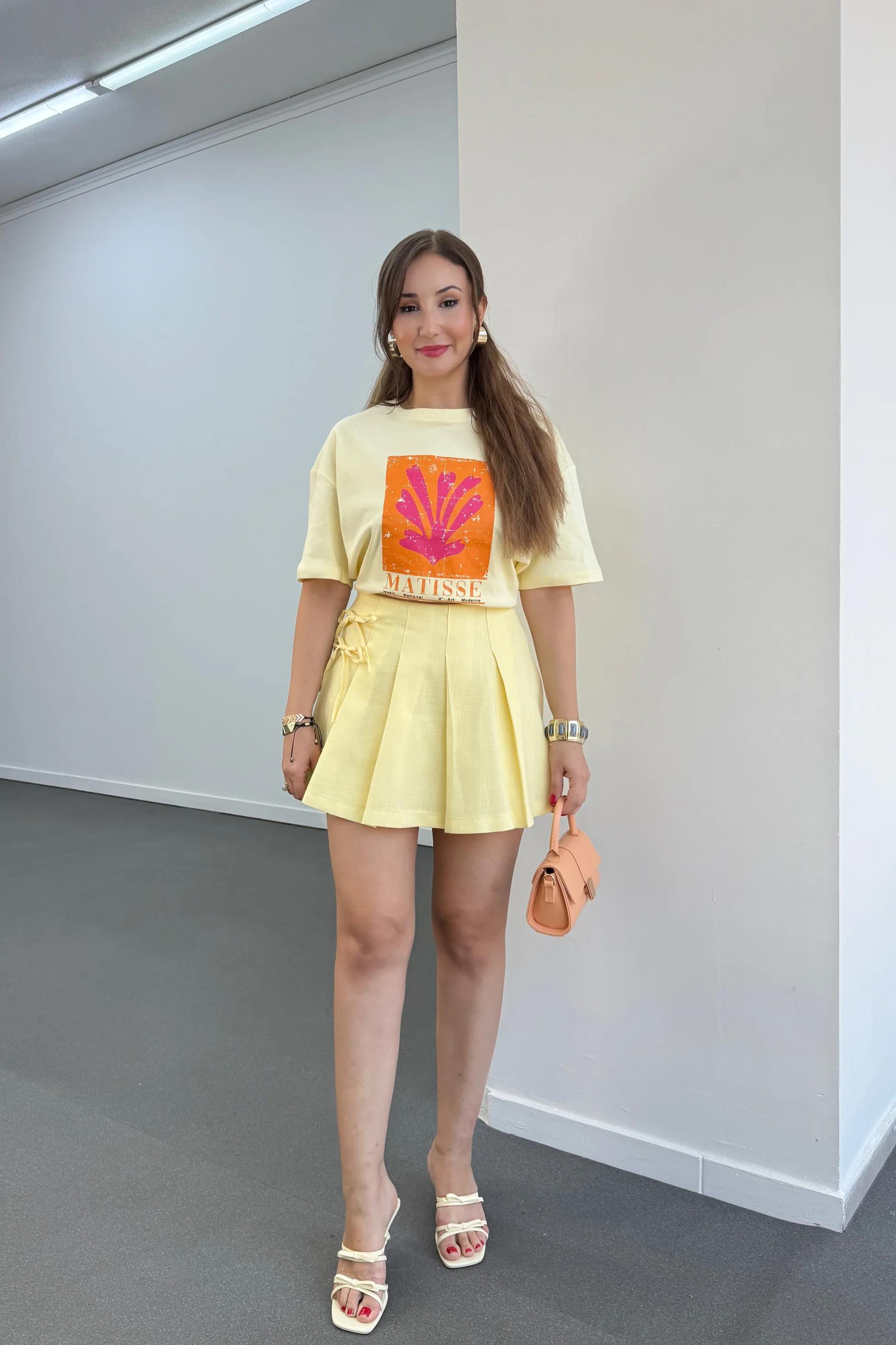 Misty Sarı Fiyonk Bağlamalı Pileli Şort Etek