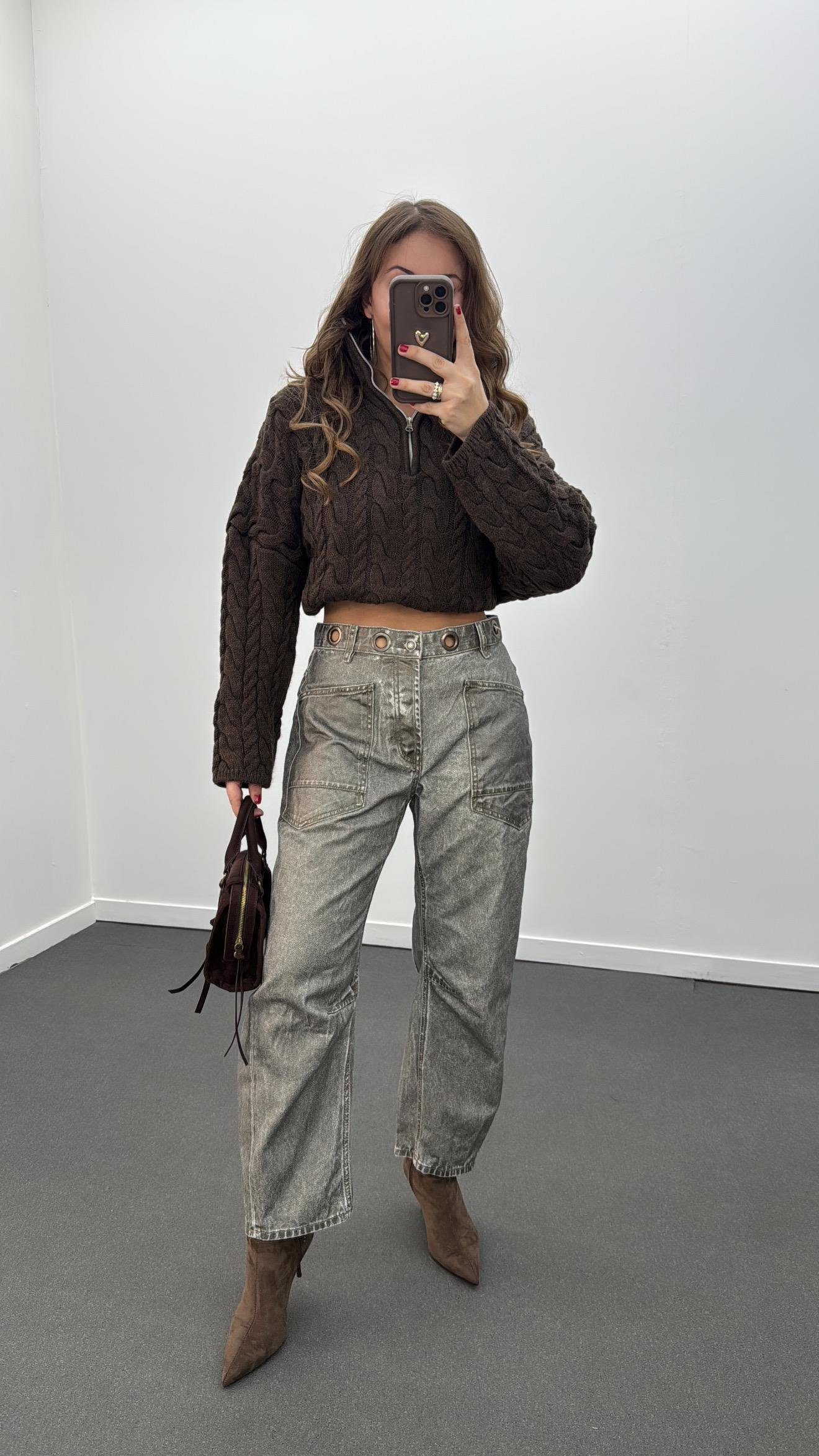 Moirenn Haki Kaplama Barrel Fit Jeans