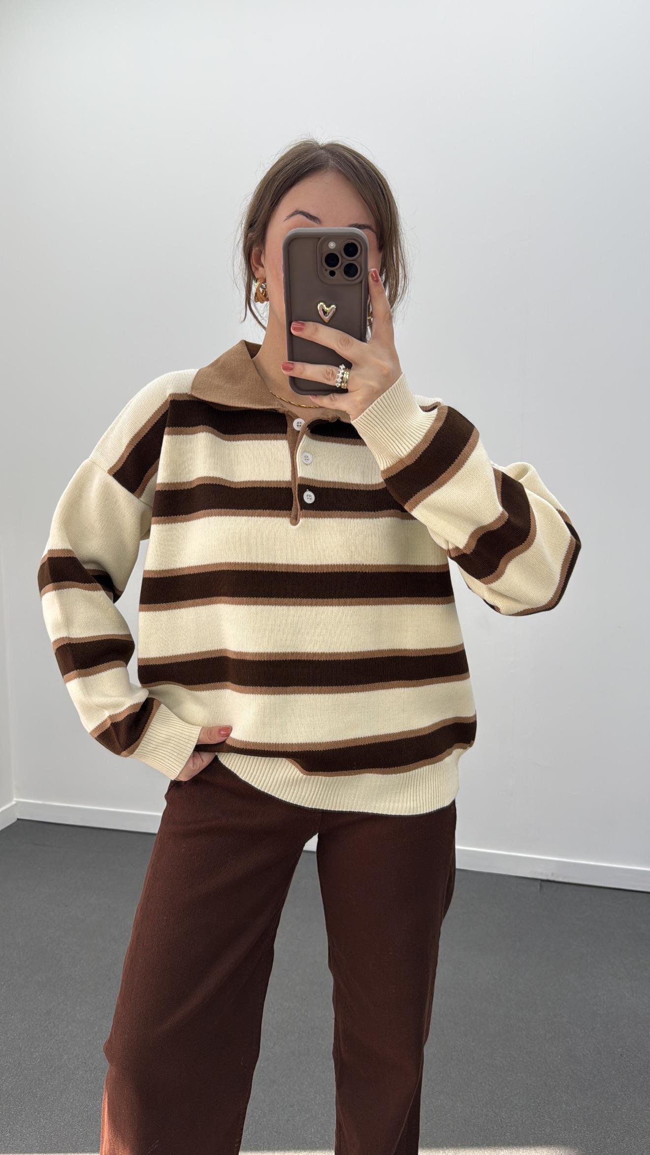 Momo Bej Kahve Çizgili Polo Yaka Triko