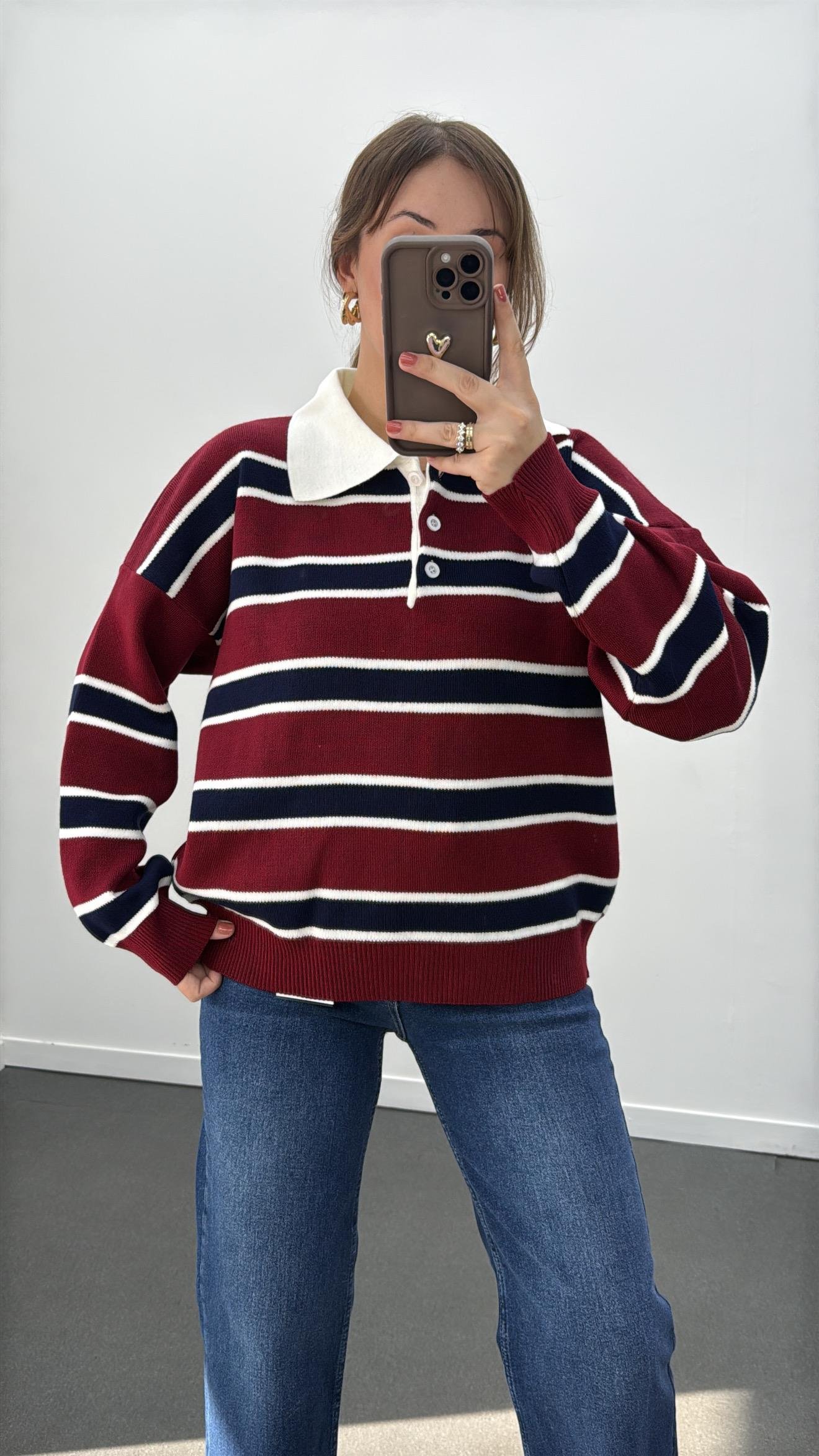 Momo Bordo Lacivert Çizgili Polo Yaka Triko