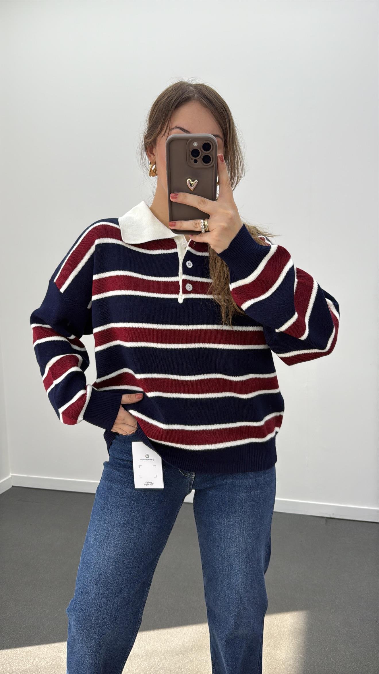 Momo Lacivert Bordo Çizgili Polo Yaka Triko