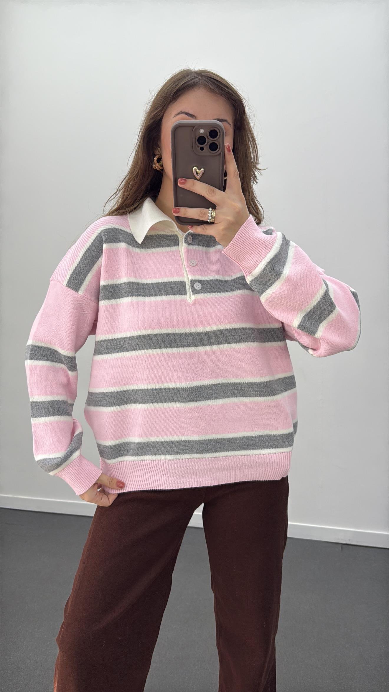 Momo Pembe Gri Çizgili Polo Yaka Triko