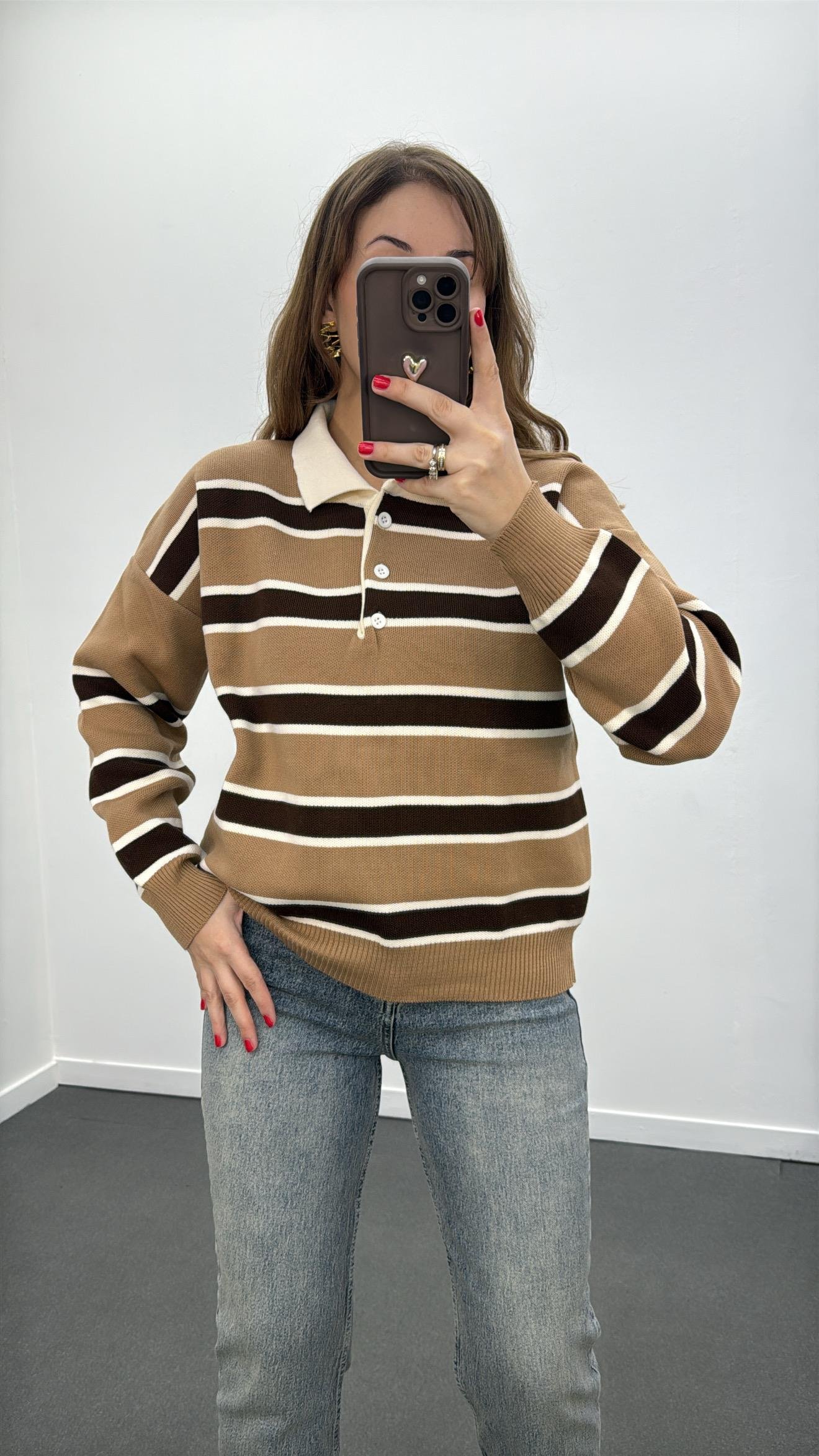 Momo Sütlü Kahve Çizgili Polo Yaka Triko
