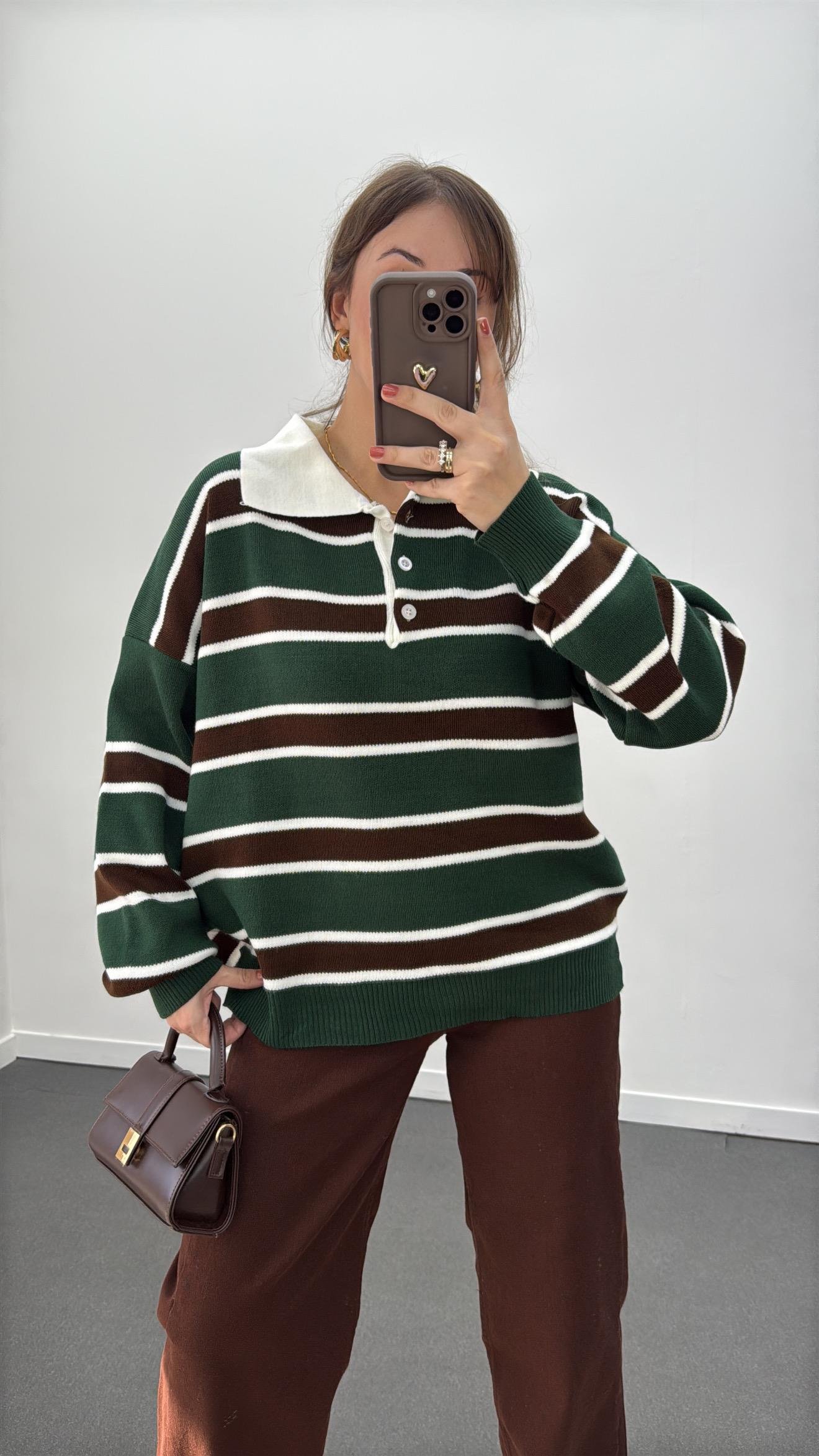 Momo Yeşil Kahve Çizgili Polo Yaka Triko