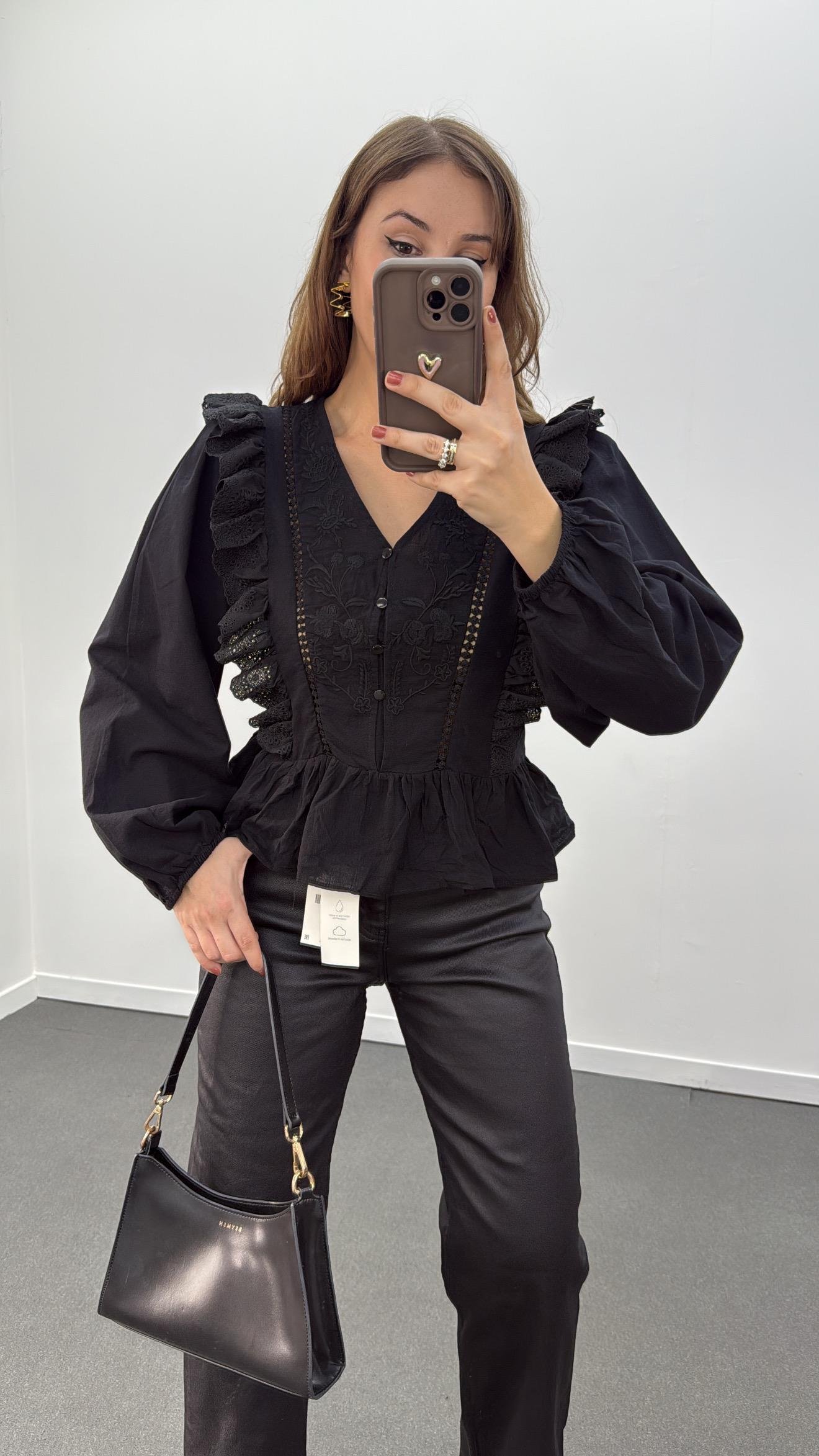 Monge Siyah Fisto İşlemeli Bluz