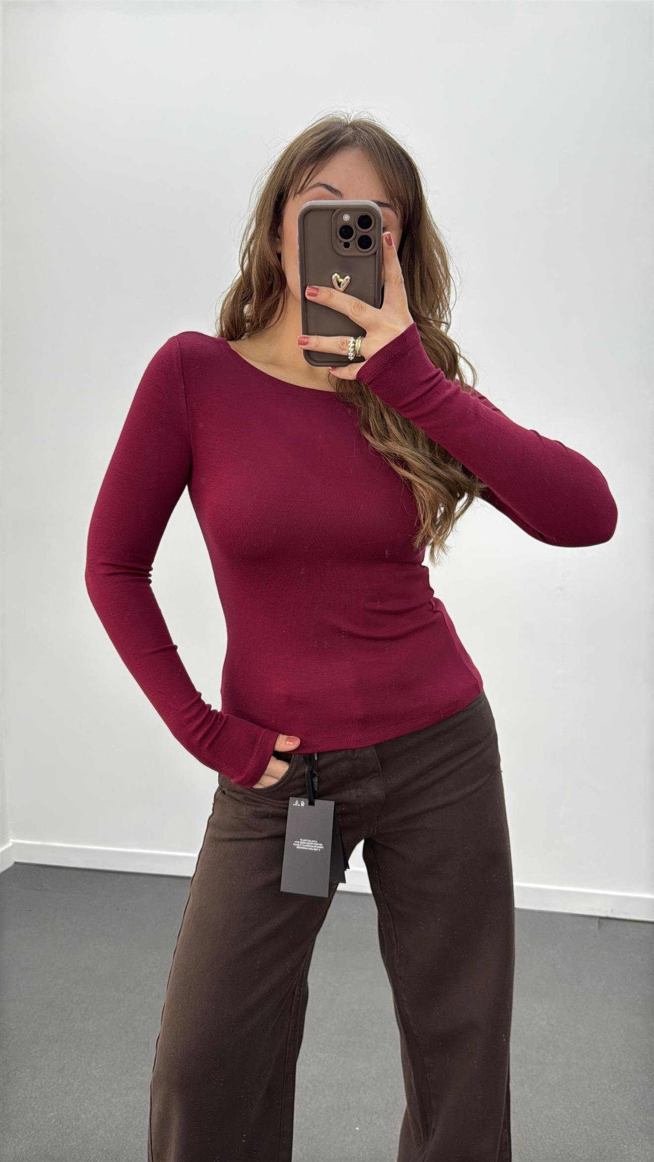 MS Bordo Modal Kumaşlı Yumuşak Likralı Kayık Yaka Body