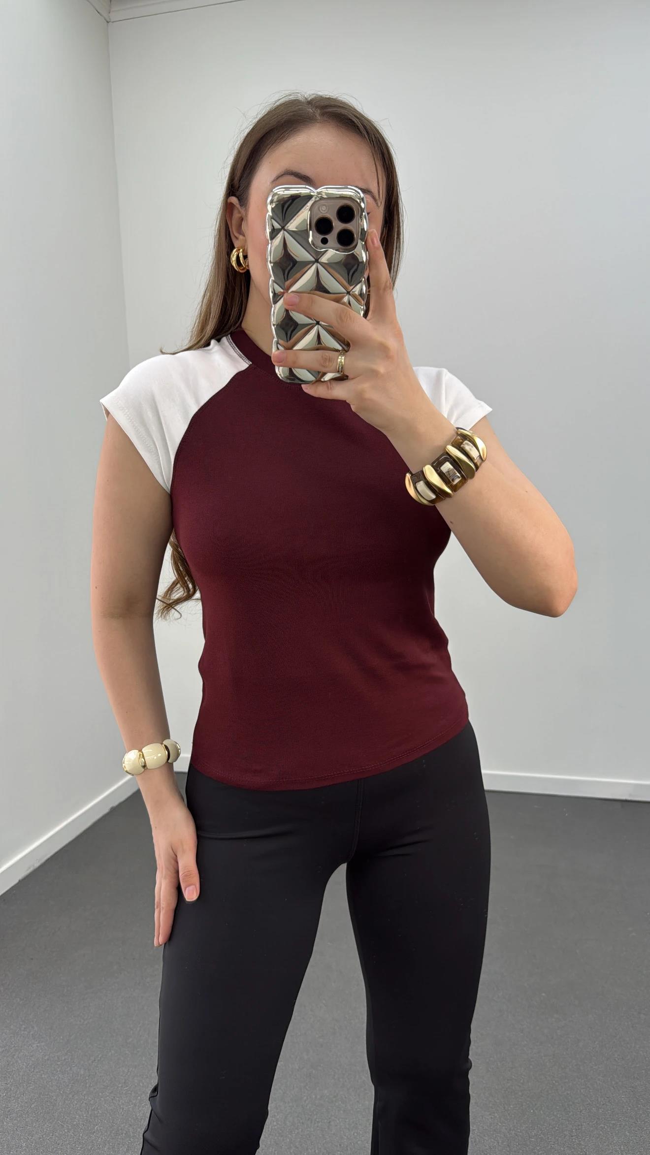 MS Bordo Reglan Kol %100 Pamuk Tshirt