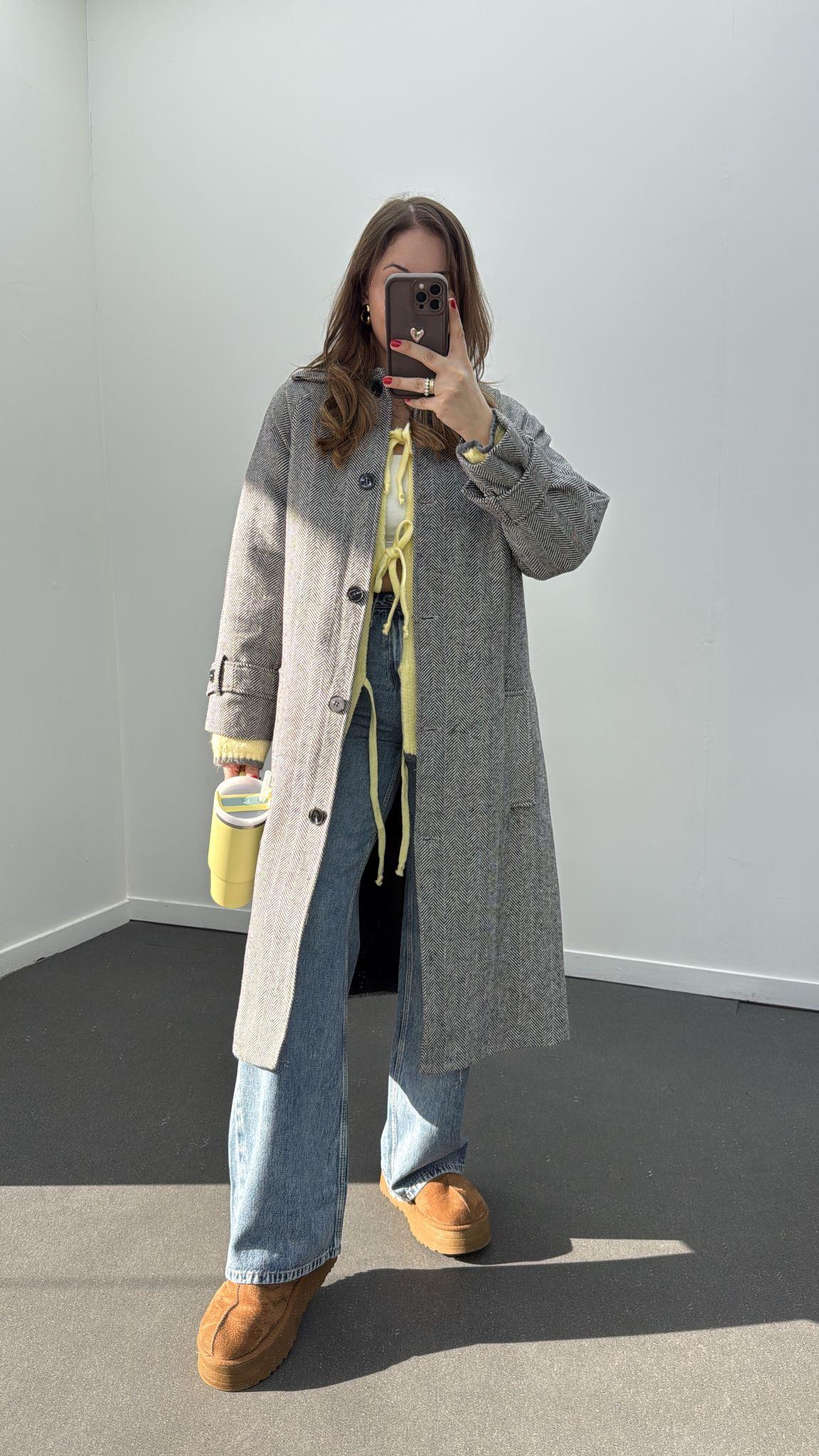 Ms Gri Çizgili Premium Uzun Kaban 