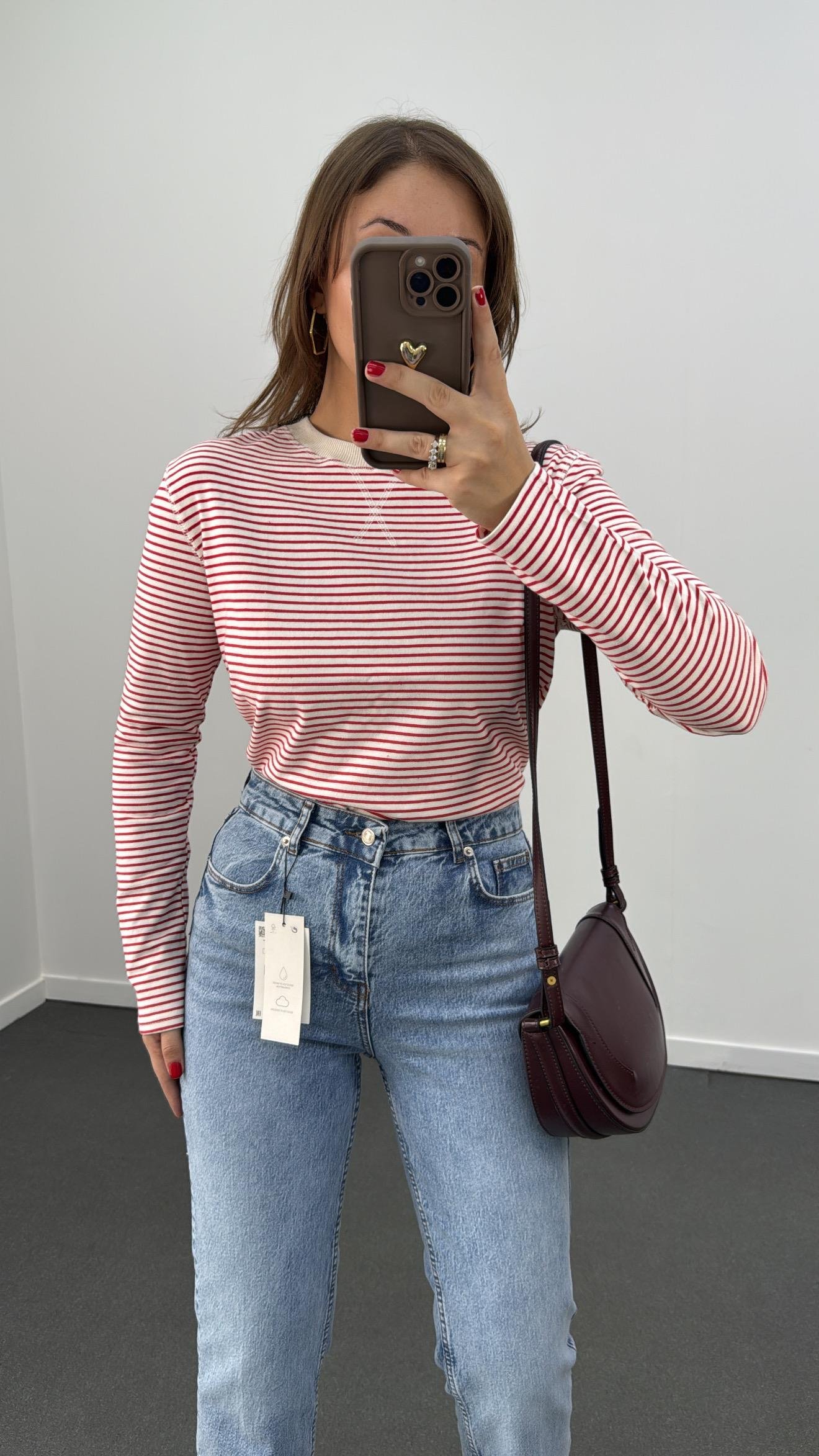 Ms Kırmızı-Beyaz Çizgili Basic Sweat