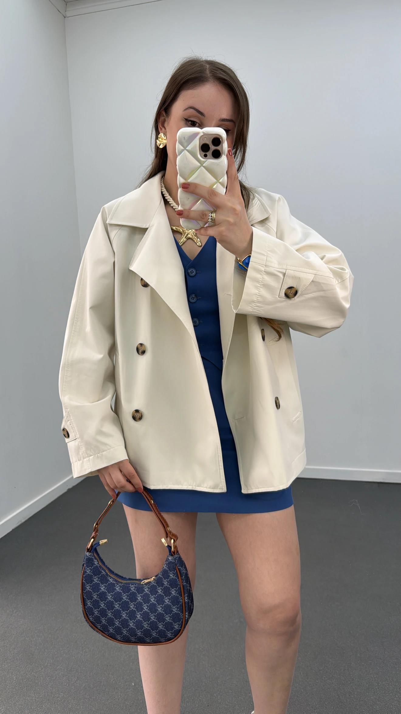 MS Krem Düğmeli Premium Trençkot