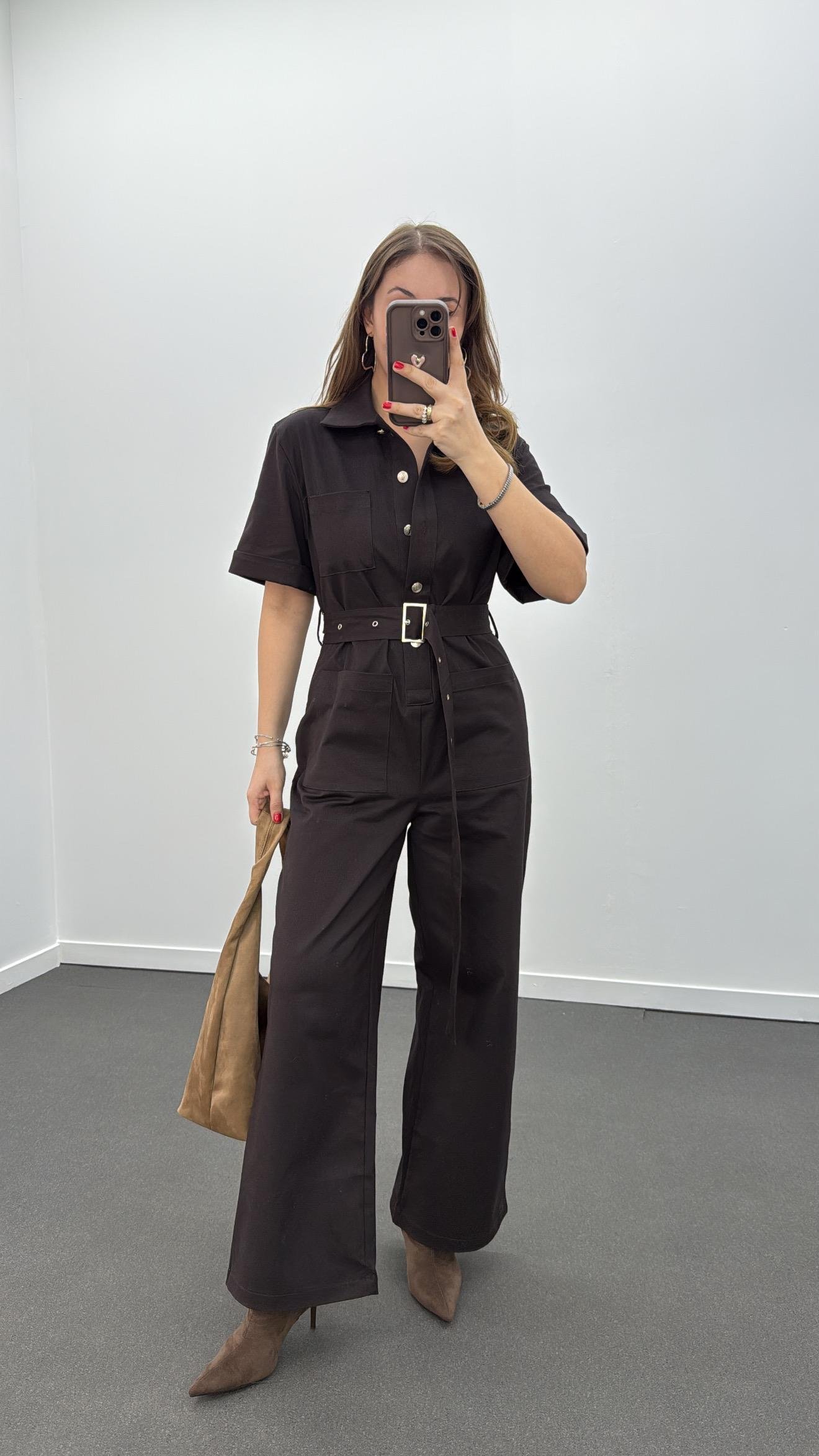 Muhika Acı Kahve Renk Kısa Kol Kemerli Tulum