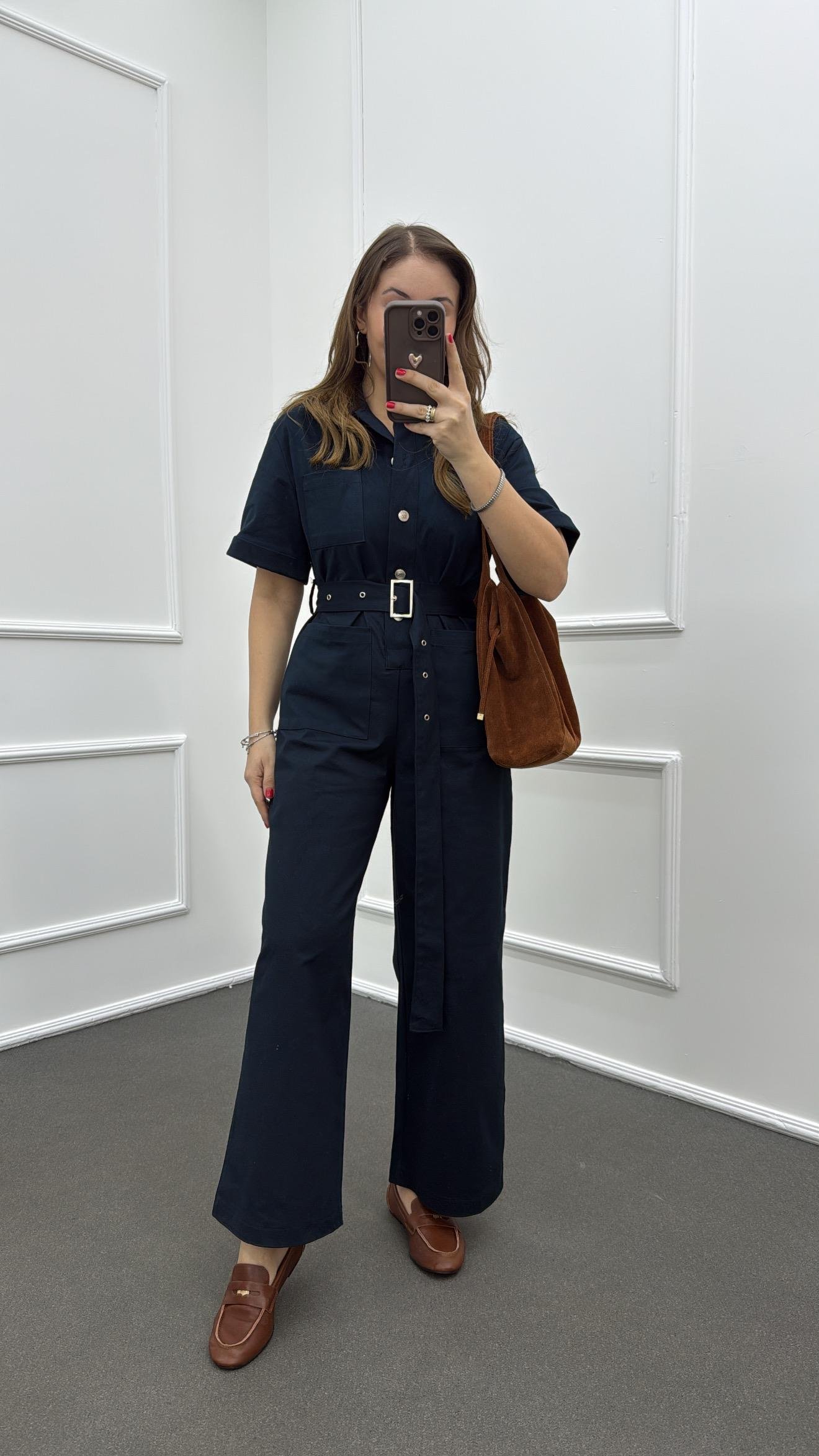 Muhika Petrol Mavisi Renk Kısa Kol Kemerli Tulum