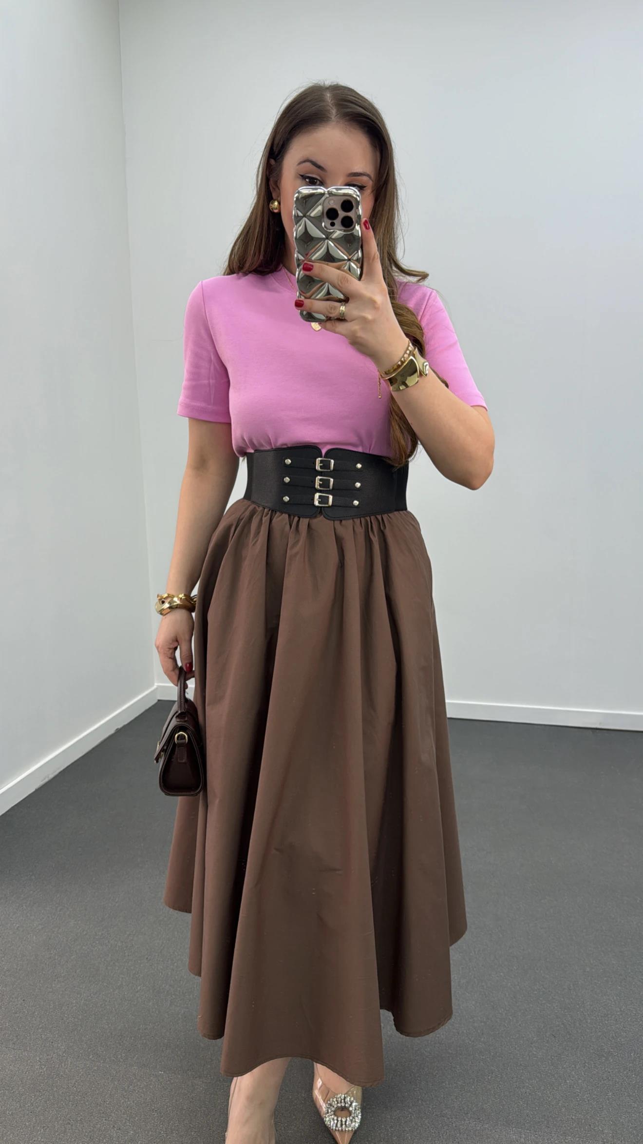 Nadia Kahve Siyah Kemerli Pileli Maxi Etek