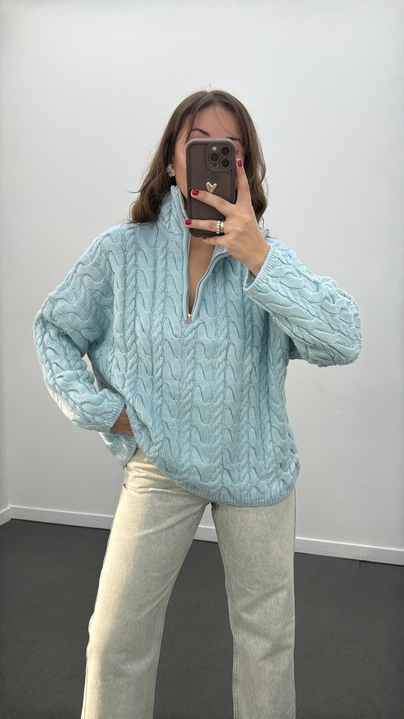 Nanami Mavi Yaka Fermuarlı Örgü Kazak