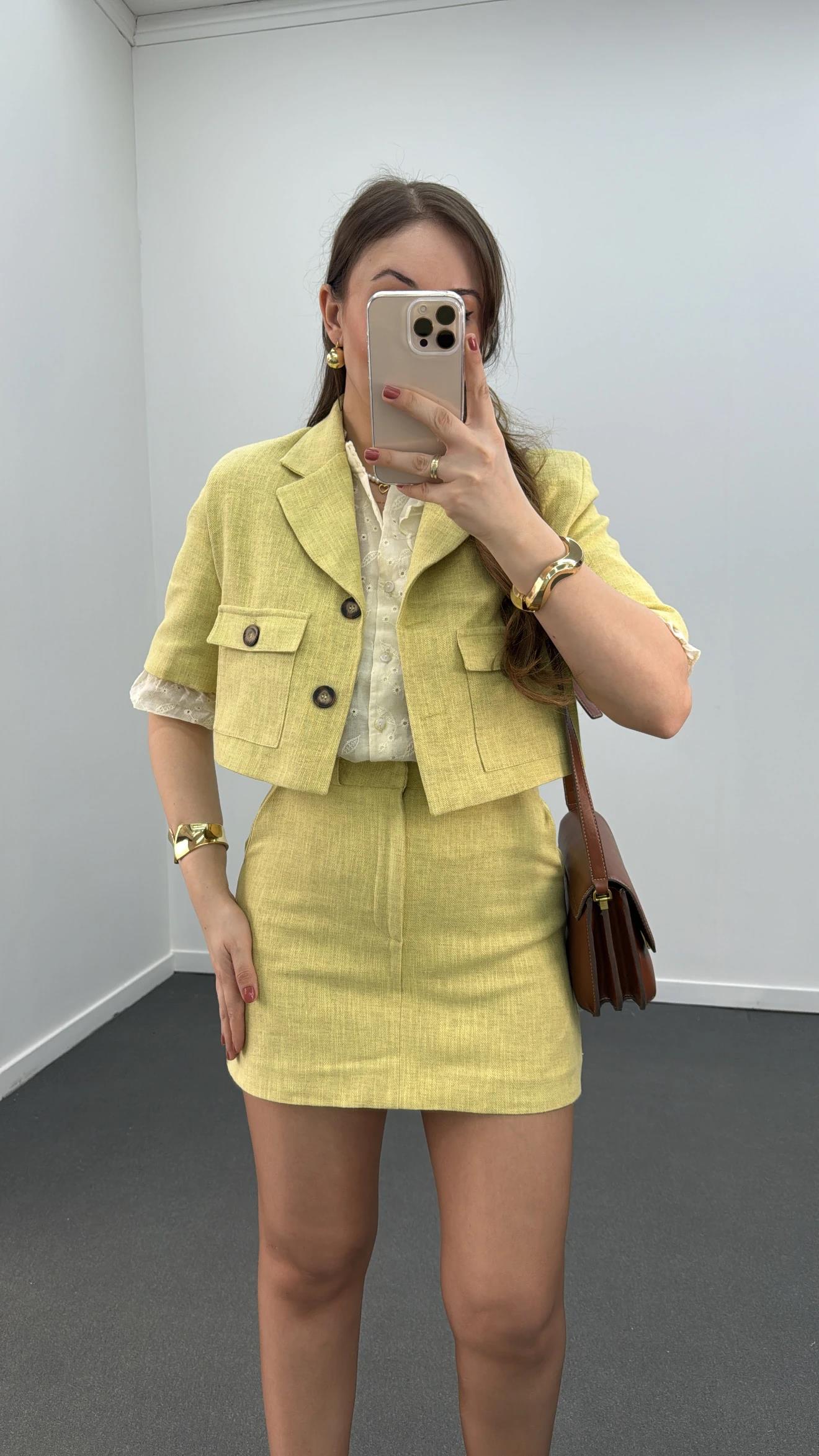 Nika Lime Keten Crop Ceket