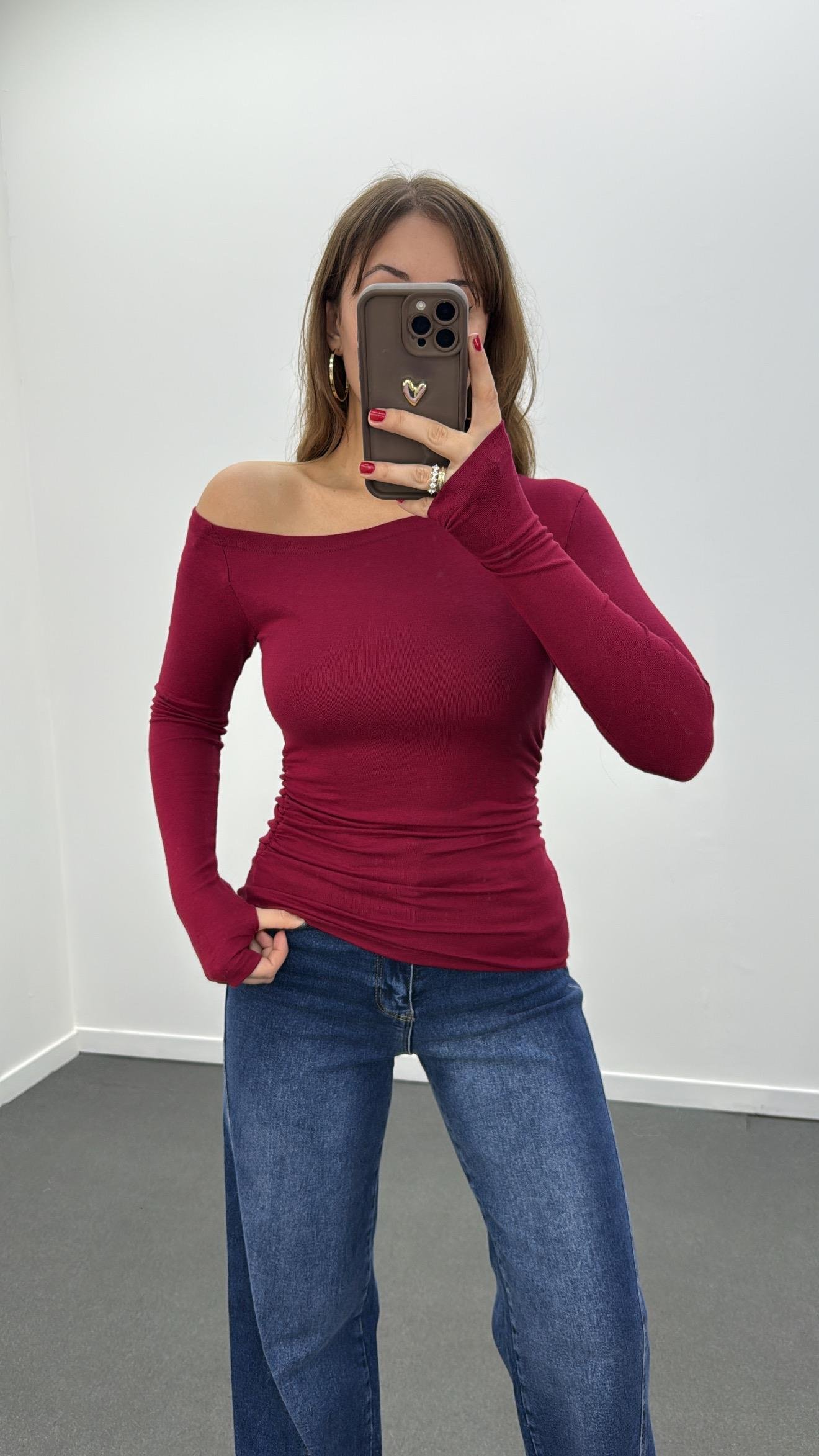 Noa Bordo Düşük Omuz Drapeli Soft Touch Parmak Geçirmeli Body