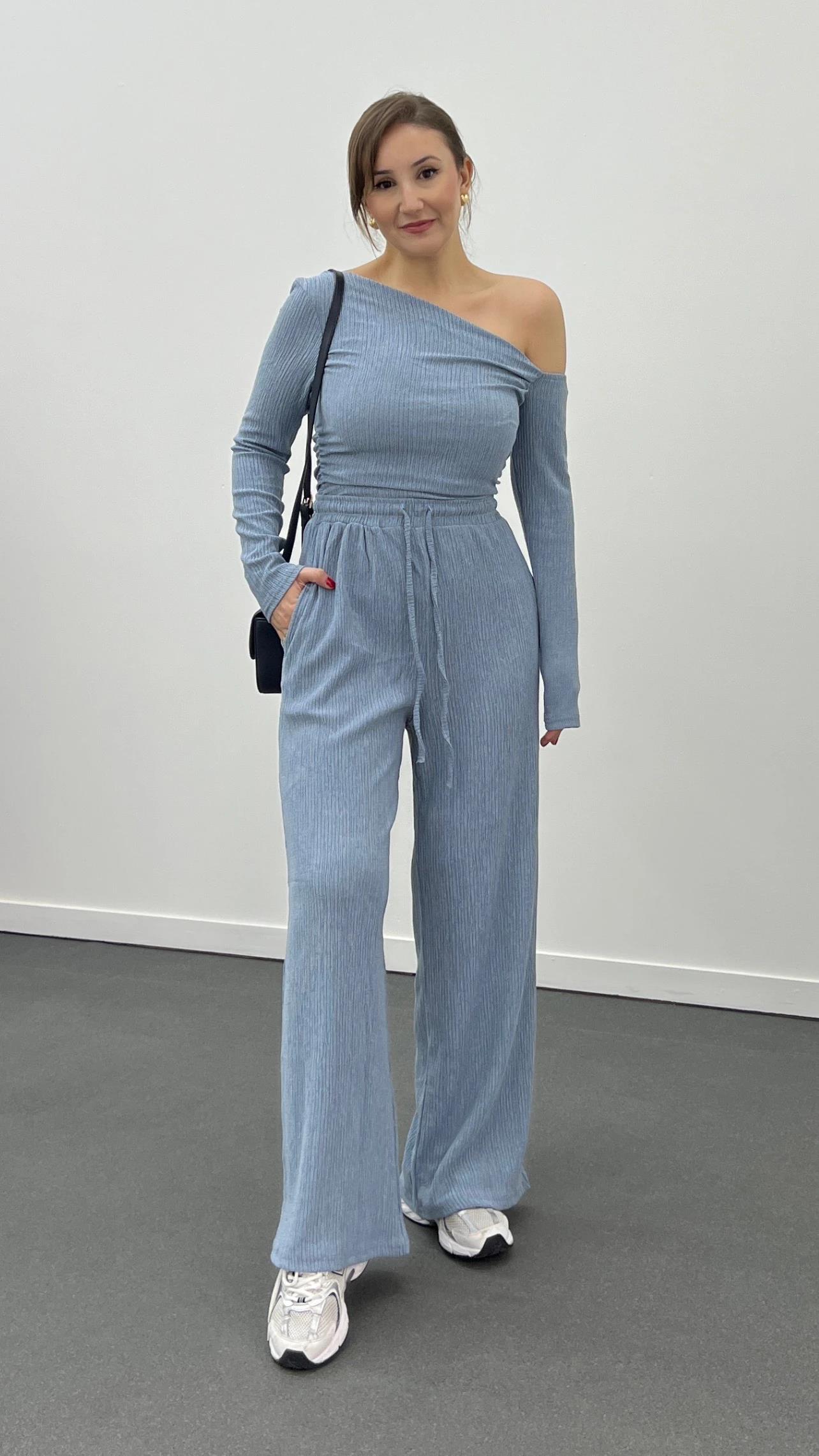 Nom Bebe Mavi Premium Likralı Kumaş Omzu Açık Bluz Pantolon Takımı