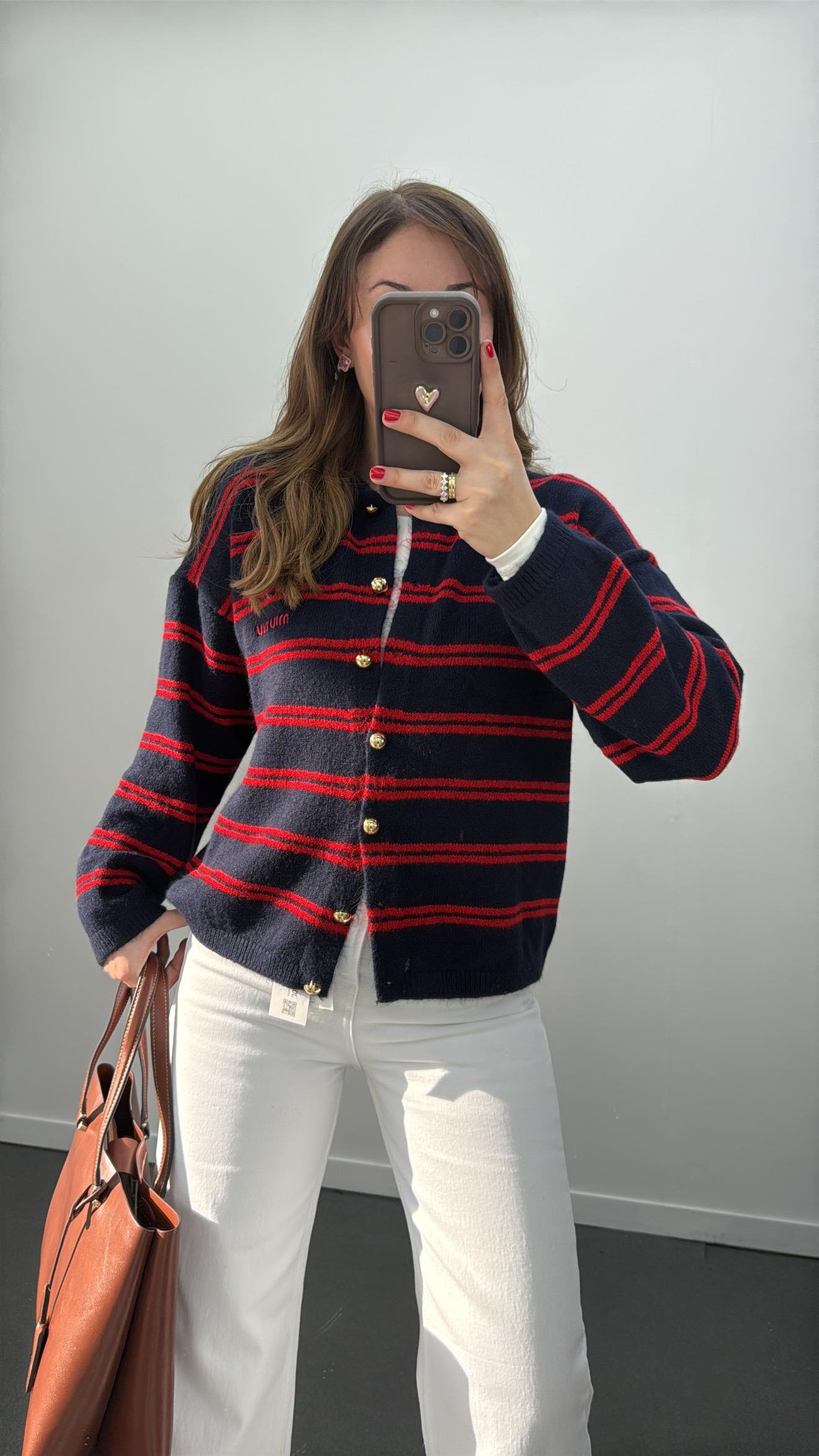 Octavia Lacivert Kırmızı Çizgili Gold Düğmeli Hırka