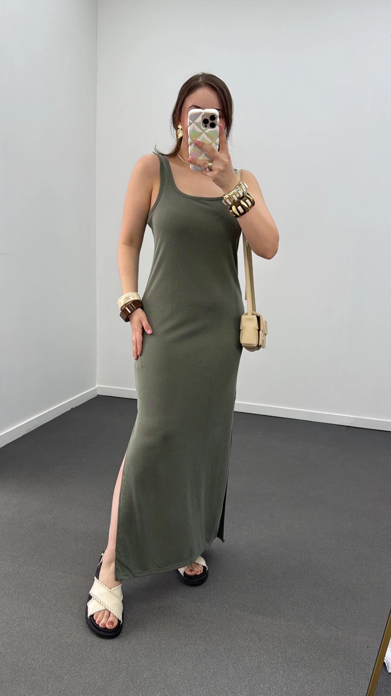 Oys Haki Askılı Modal Kumaş Midi Elbise