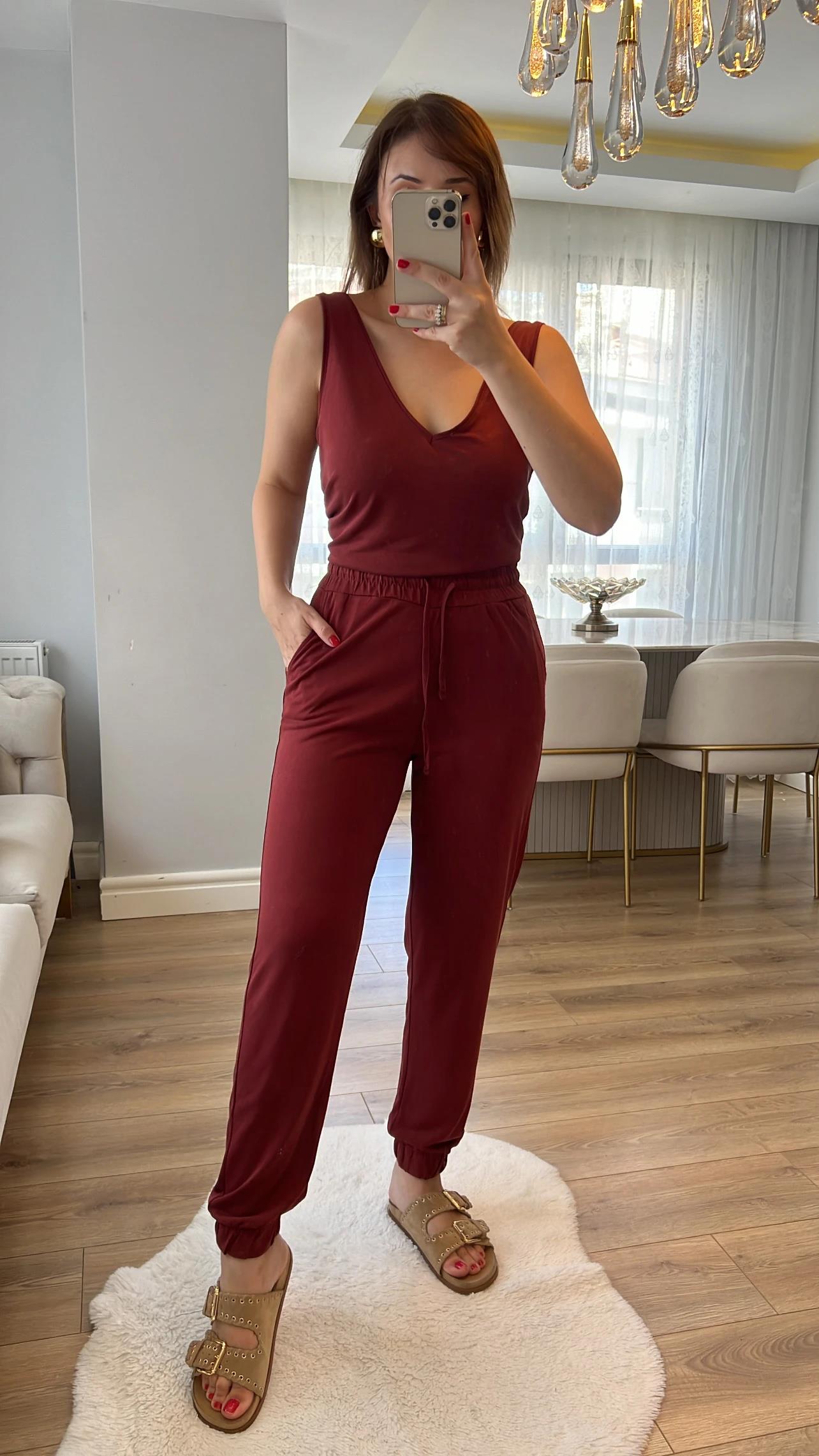 Oysh Kiremit Renk V Atlet ve Jogger Modal Kumaş Takımı