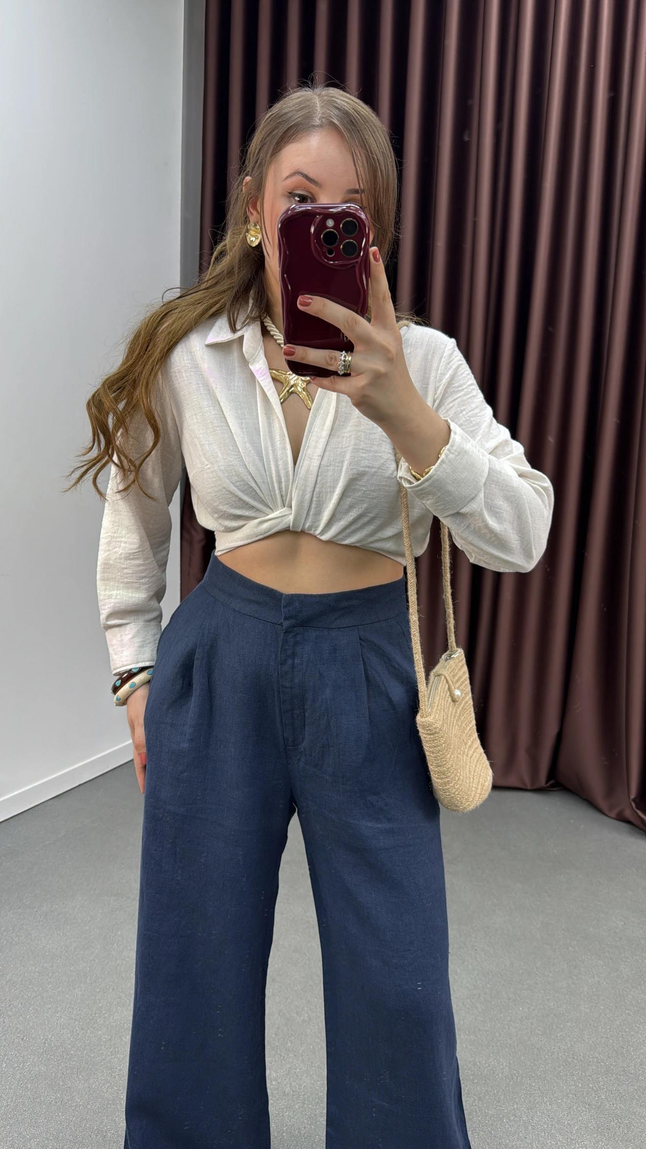 Perin Kırık Beyaz Keten Karışımlı Bağlamalı Gömlek