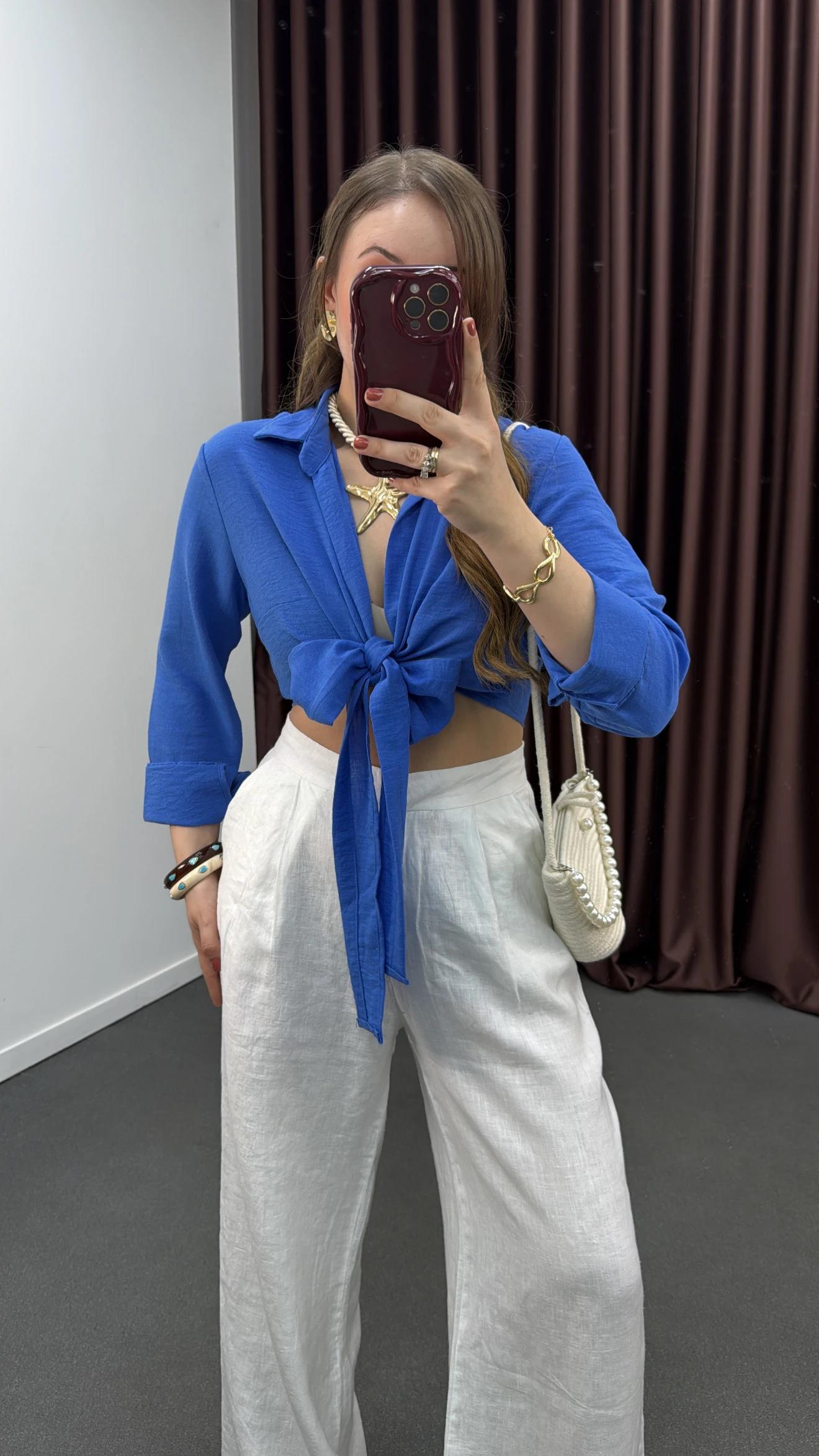 Perin Mavi Keten Karışımlı Bağlamalı Gömlek