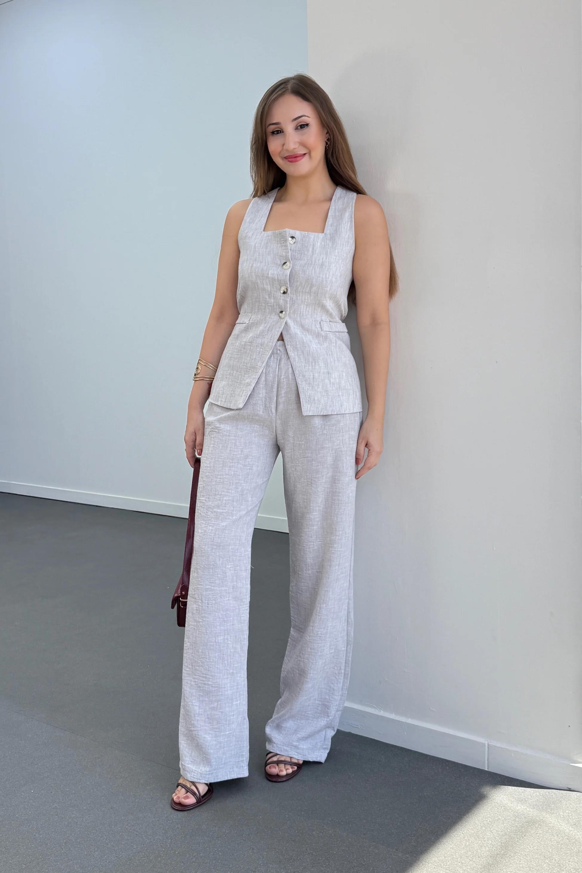 Pimmy Gri Keten Premium Yelek Takımı