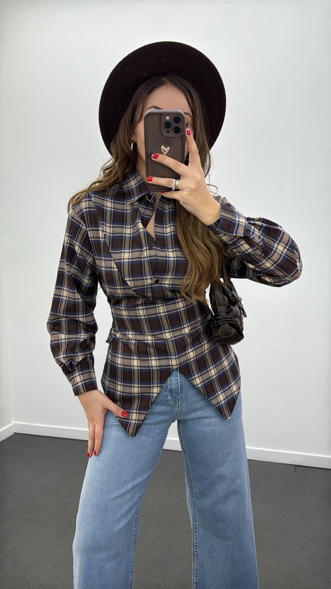 Polina Kahve Mavi Ekoseli Tasarım İpli Gömlek