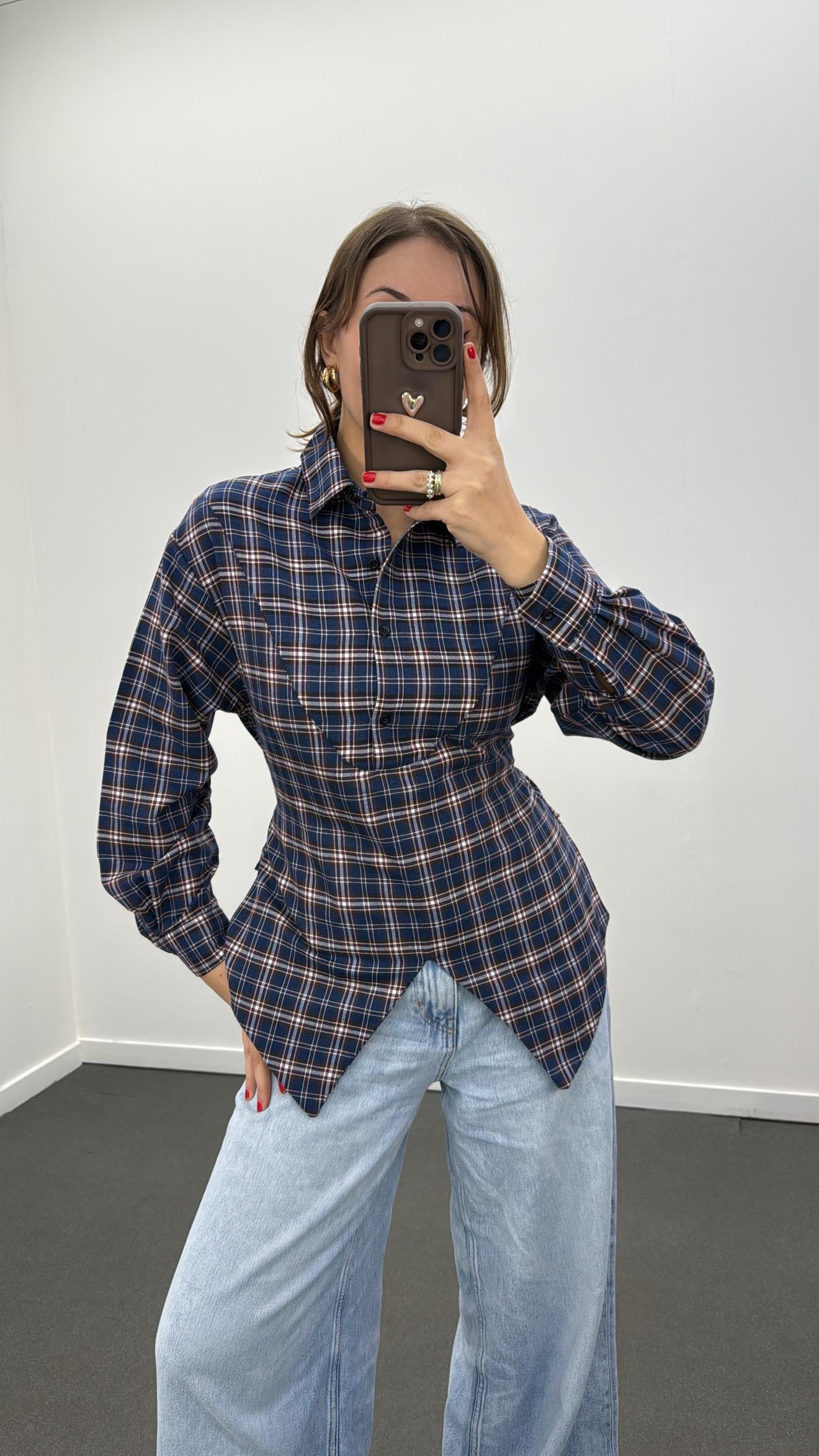 Polina Lacivert Kahve Ekoseli Tasarım İpli Gömlek