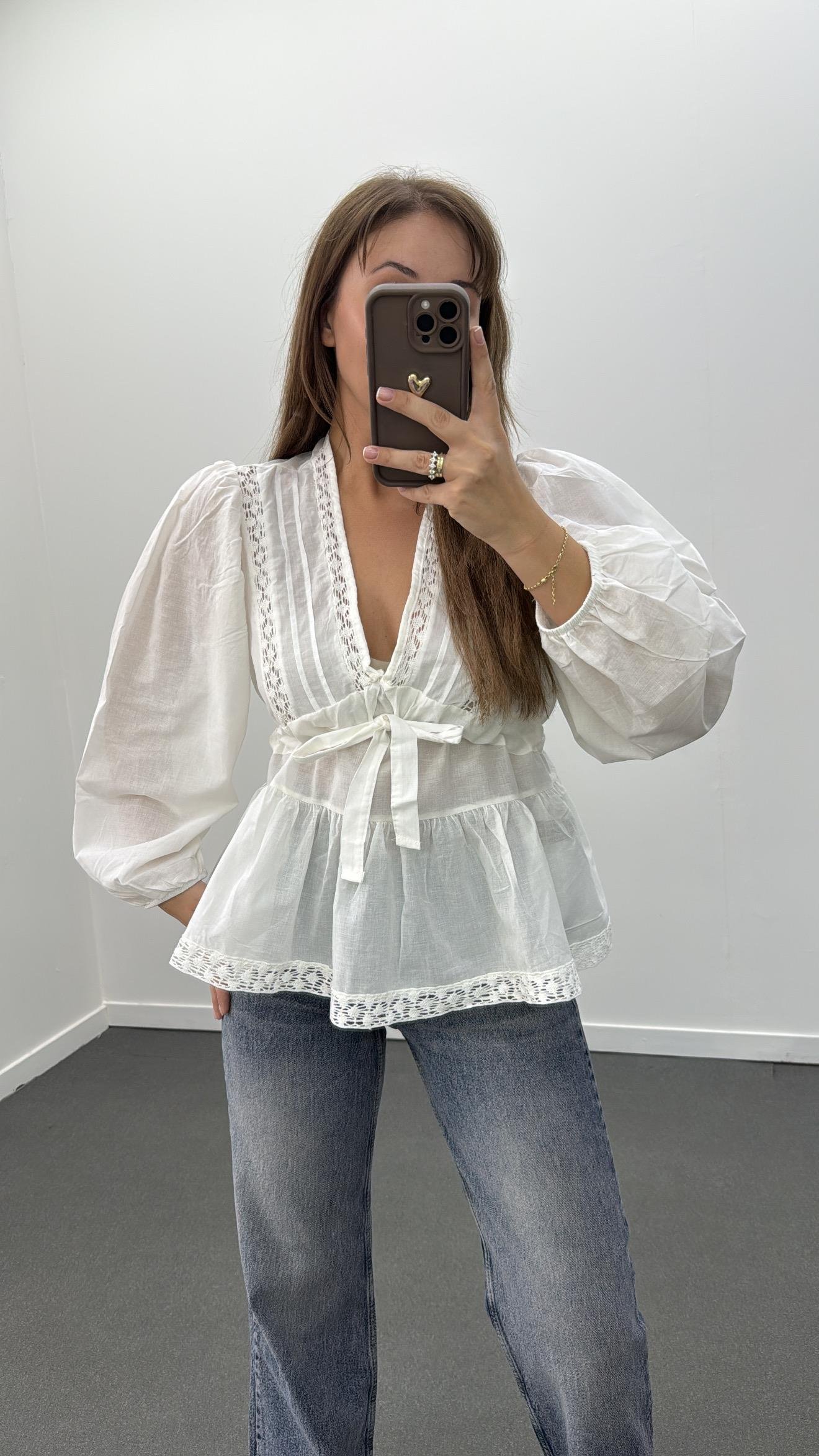 Polyanna Beyaz Dantel İşlemeli Karpuz Kol Gömlek