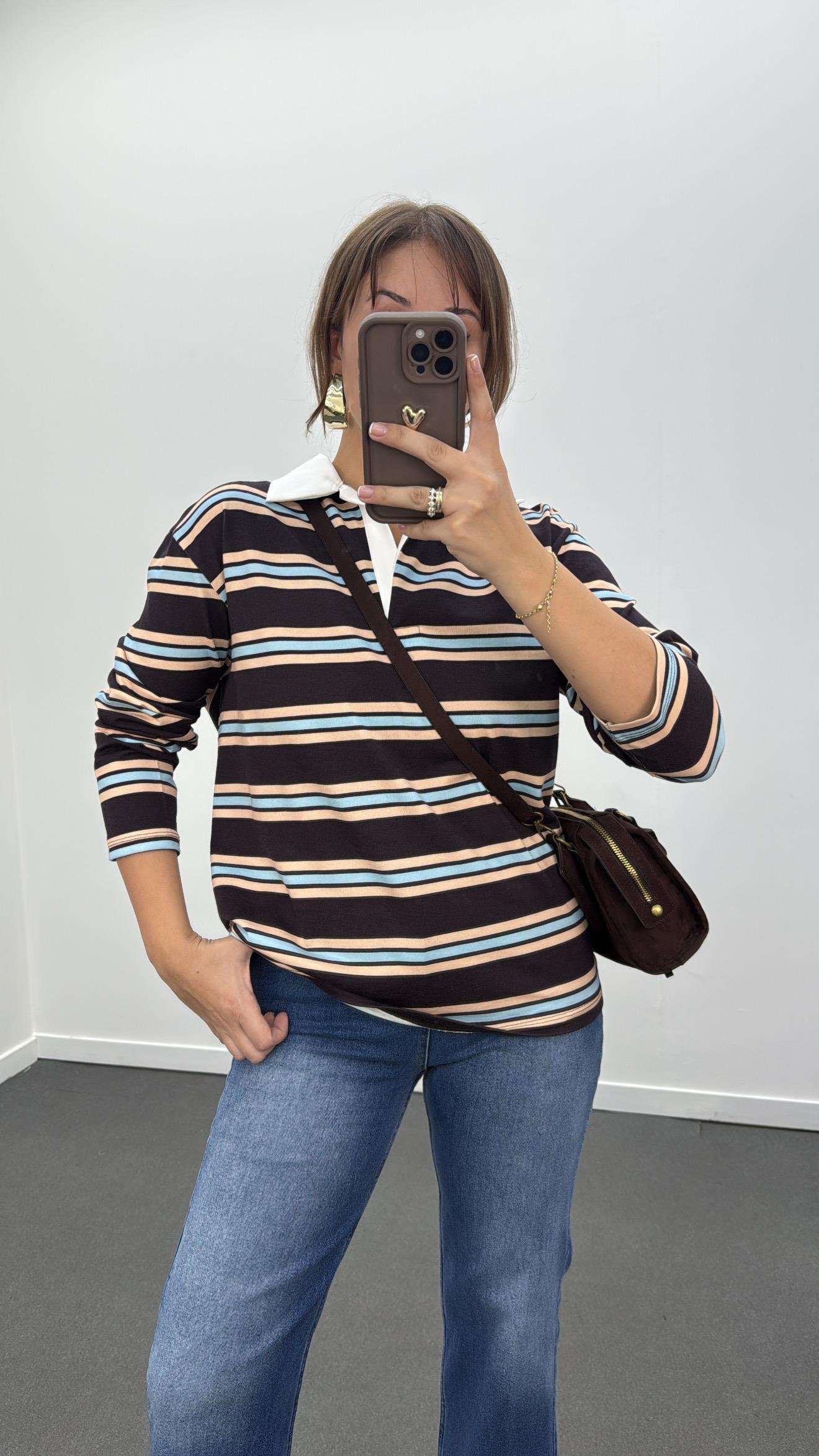 Price Kahverengi Mavi Krem Çizgili Polo Yaka Sweat