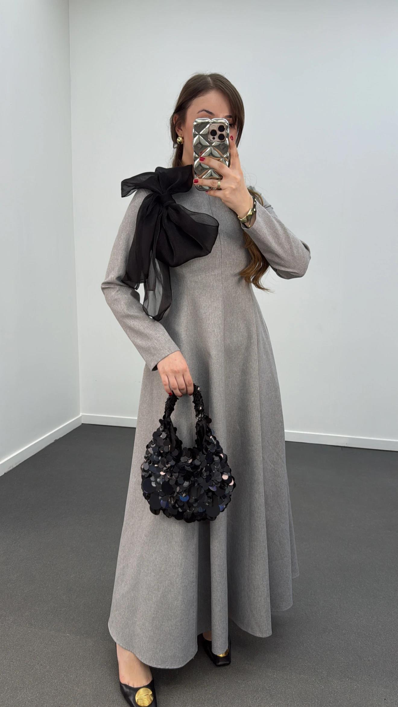 Princess Gri Uzun Kol Fiyonklu Elbise