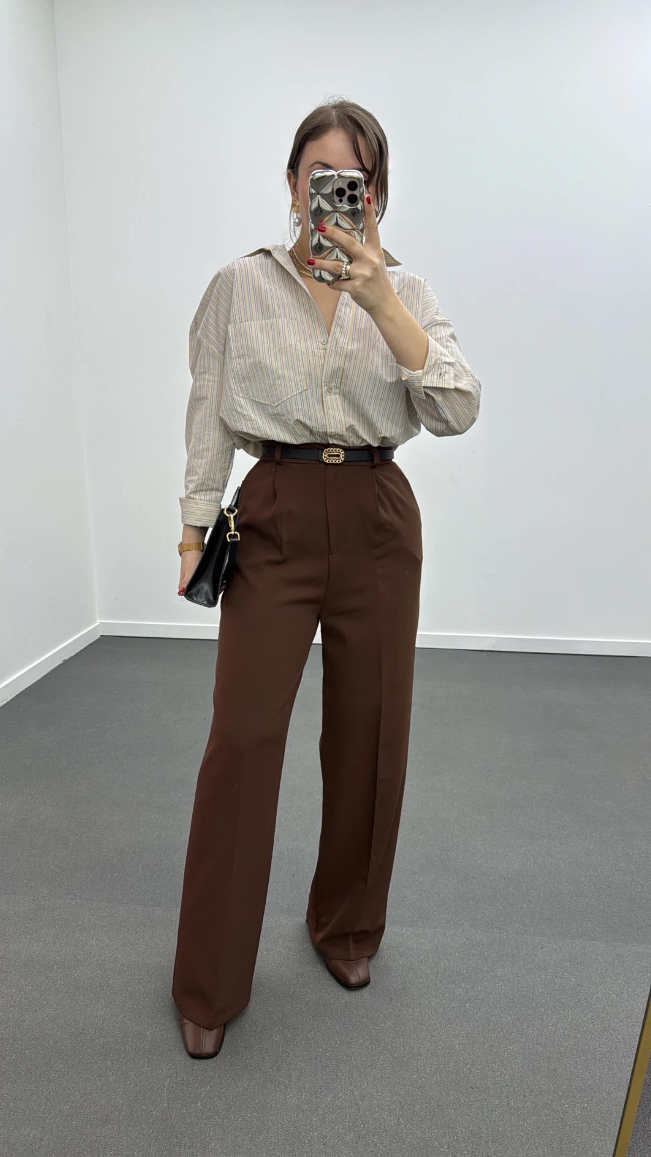 Quentin Çikolata Kahve Pileli Palazzo Kumaş Pantolon