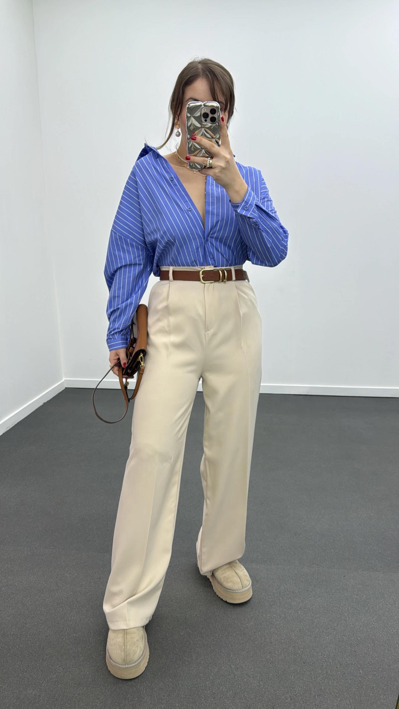 Quentin Krem Pileli Palazzo Kumaş Pantolon