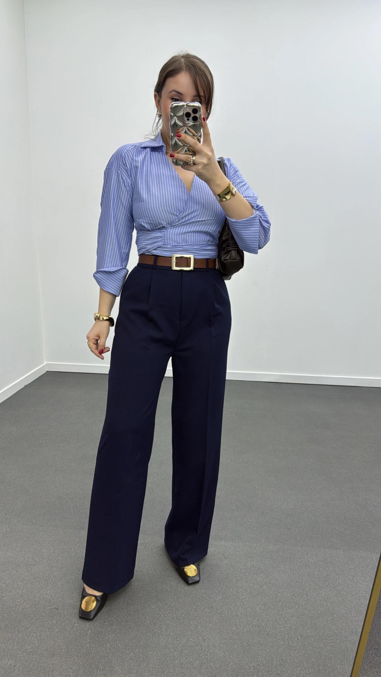 Quentin Lacivert Pileli Palazzo Kumaş Pantolon