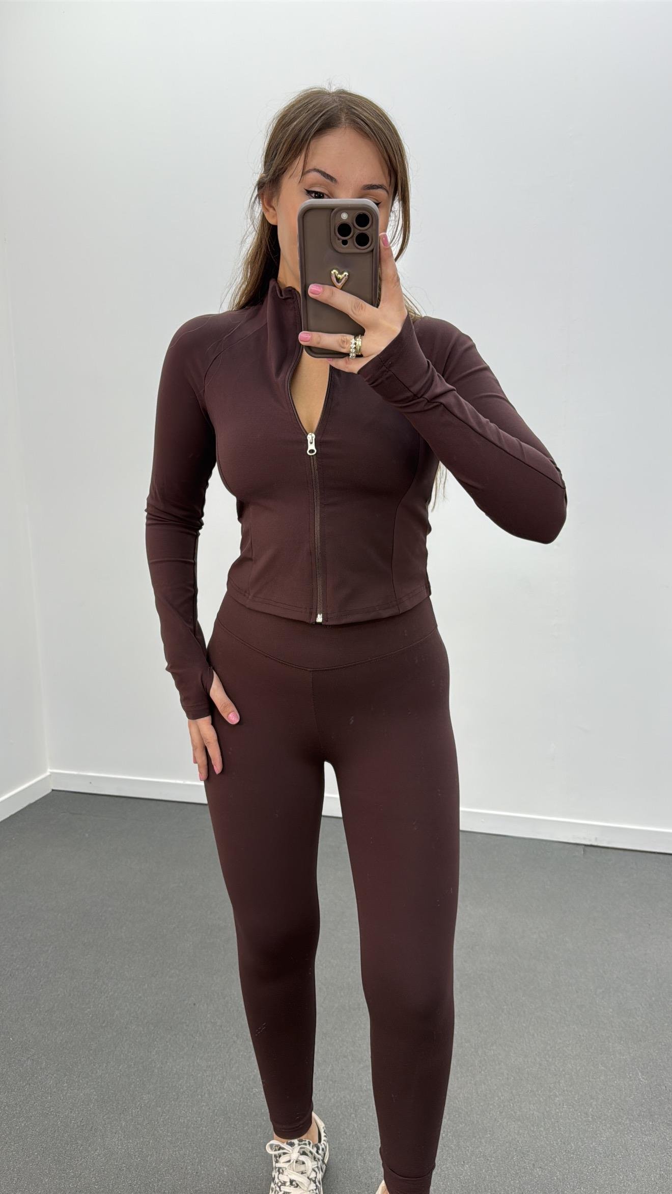 Range Kahverengi Fermuarlı Slim Hırka Ve Tayt Takımı