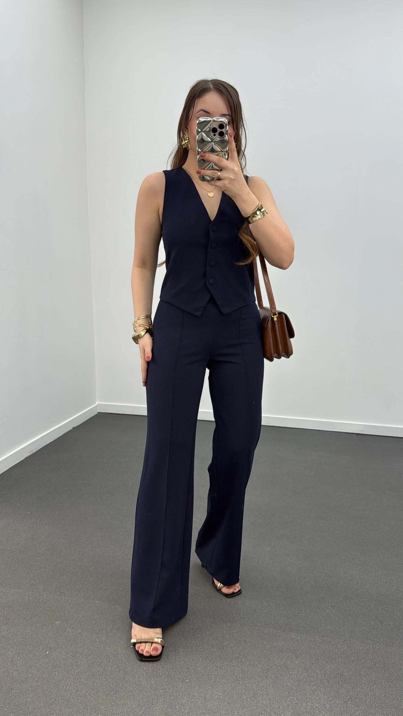 Rebecca Lacivert Yelek Ve Nervür Dikişli Pantolon Takımı