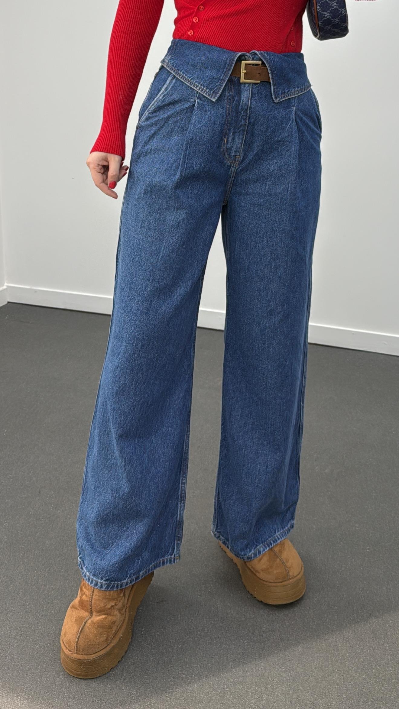 Regnum Kot Renk Bel Detaylı Pileli Geniş Paça Jeans