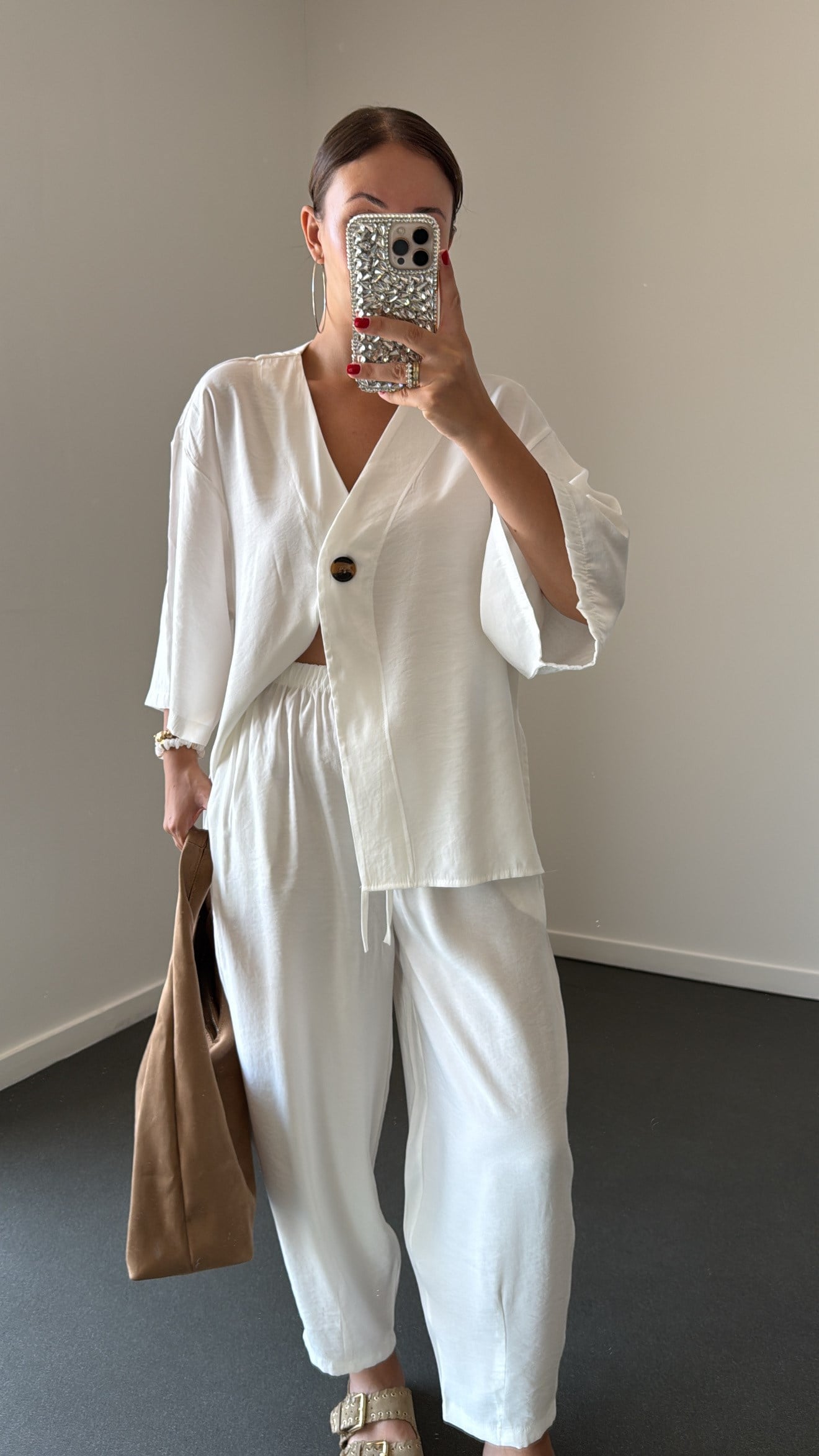 Reina Beyaz Modal Kimono Ve Şalvar Pantolon Takımı