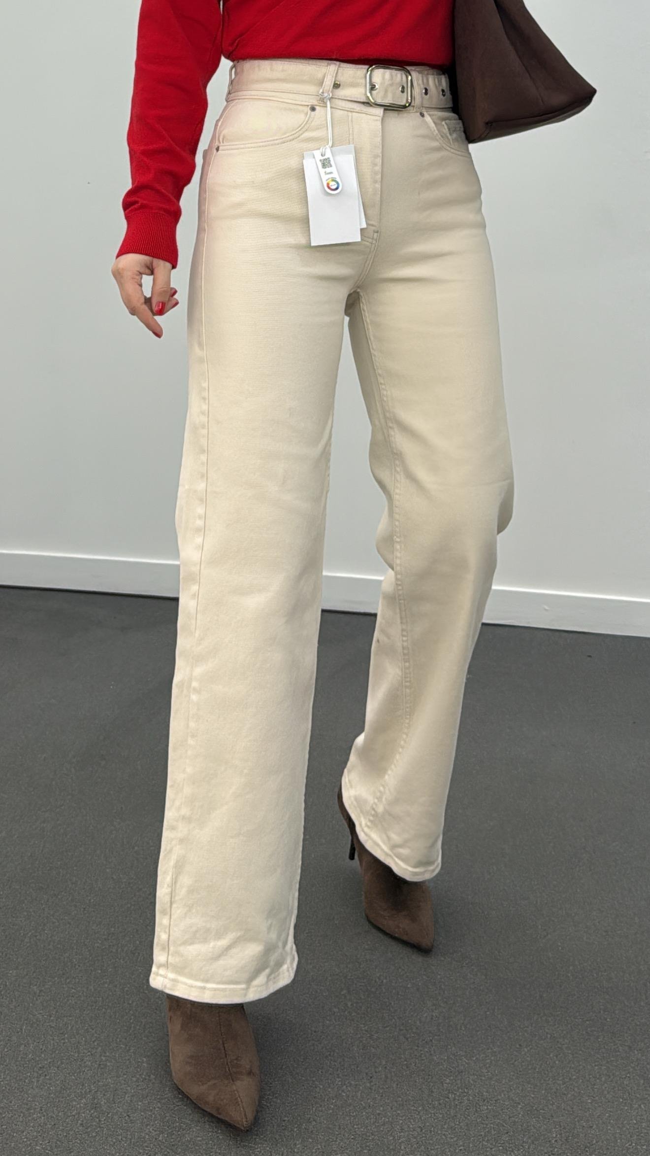 Rico Krem Renk Kemerli Palazzo Pantolon