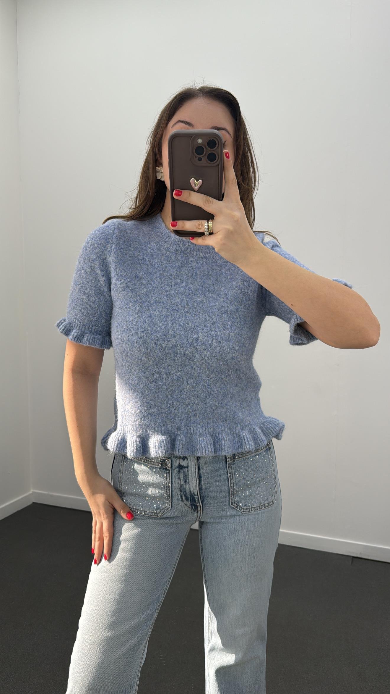 Riley Mavi Bisiklet Yaka Volanlı Kısa Kol Triko