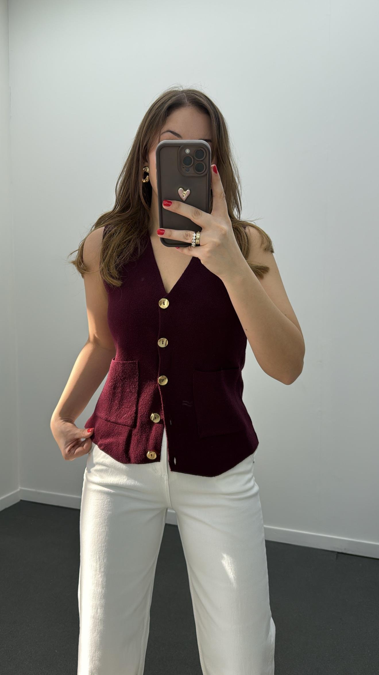 Risela Bordo Gold Düğmeli Yumuşak Triko Hırka